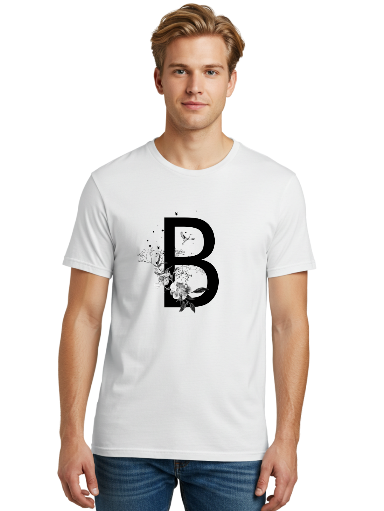 B Men'S Graphic Tee, 100% Cotton, Comfortable Casual Summer Wear, Machine Washable, Large Letter B, Floral Design, White Flowers, Hummingbird, Black Silhouette, Whimsical Illustration, Botanical Art, Black Stars Aac290