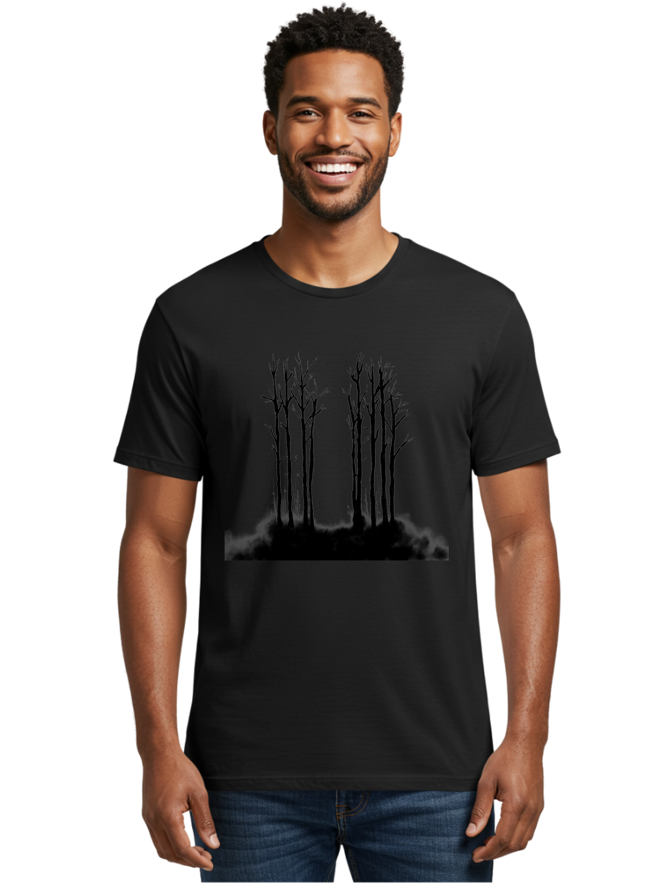 Bare-Trees-1 Men'S Graphic Tee, 100% Cotton, Comfortable Casual Summer Wear, Machine Washable, Bare Trees, Silhouette Art, Black Trees, Leafless Branches, Minimalist Design, Eerie Atmosphere, Dramatic Shadows Aac292