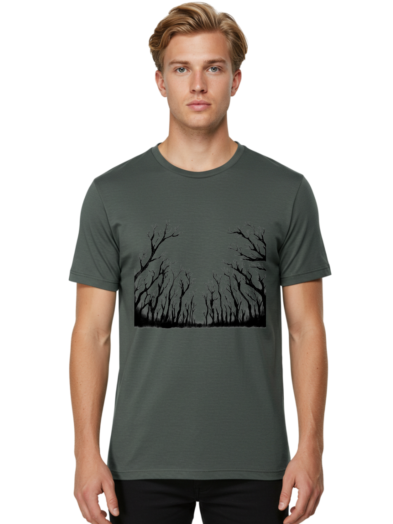 Bare-Trees Men'S Graphic Tee, 100% Cotton, Comfortable Casual Summer Wear, Machine Washable, Bare Trees, Black Silhouettes, Forest Landscape, Autumn Or Winter Scene, Dramatic Atmosphere, Mysterious Ambiance, Eerie Forest, Stark Beauty, Aac293