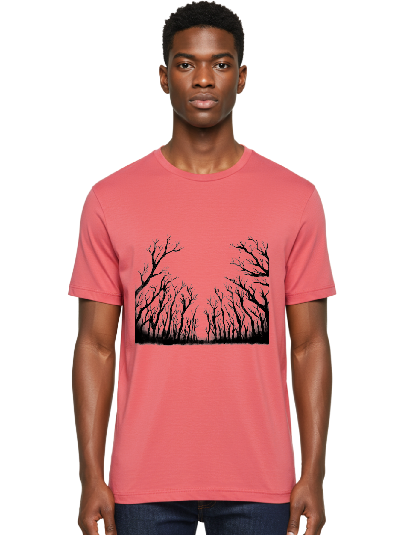 Bare-Trees Men'S Graphic Tee, 100% Cotton, Comfortable Casual Summer Wear, Machine Washable, Bare Trees, Black Silhouettes, Forest Landscape, Autumn Or Winter Scene, Dramatic Atmosphere, Mysterious Ambiance, Eerie Forest, Stark Beauty, Aac293