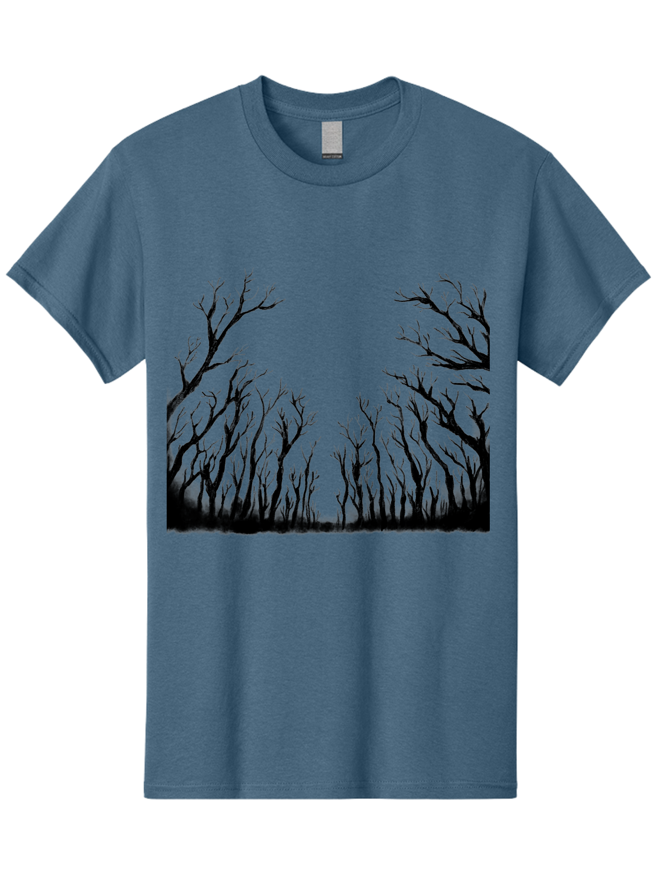 Bare-Trees Men'S Graphic Tee, 100% Cotton, Comfortable Casual Summer Wear, Machine Washable, Bare Trees, Black Silhouettes, Forest Landscape, Autumn Or Winter Scene, Dramatic Atmosphere, Mysterious Ambiance, Eerie Forest, Stark Beauty, Aac293