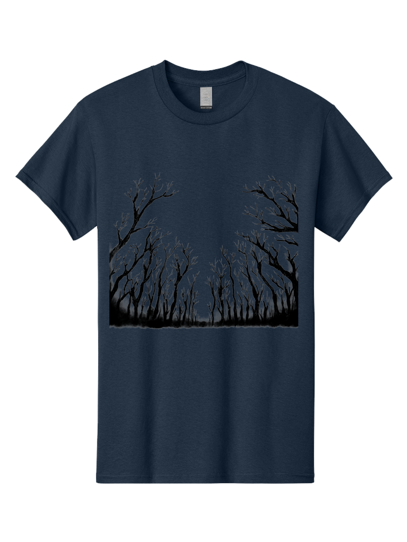 Bare-Trees Men'S Graphic Tee, 100% Cotton, Comfortable Casual Summer Wear, Machine Washable, Bare Trees, Black Silhouettes, Forest Landscape, Autumn Or Winter Scene, Dramatic Atmosphere, Mysterious Ambiance, Eerie Forest, Stark Beauty, Aac293