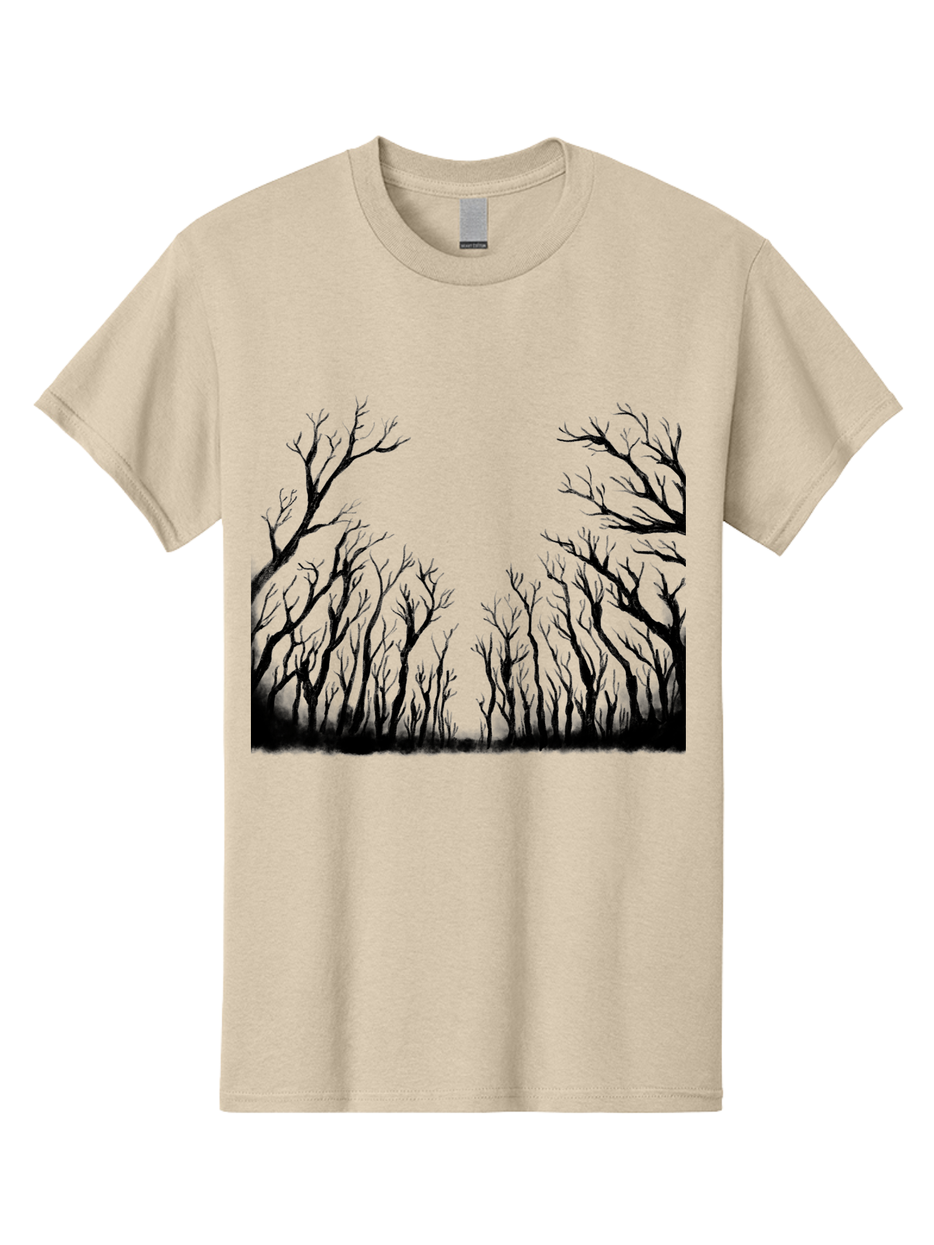 Bare-Trees Men'S Graphic Tee, 100% Cotton, Comfortable Casual Summer Wear, Machine Washable, Bare Trees, Black Silhouettes, Forest Landscape, Autumn Or Winter Scene, Dramatic Atmosphere, Mysterious Ambiance, Eerie Forest, Stark Beauty, Aac293