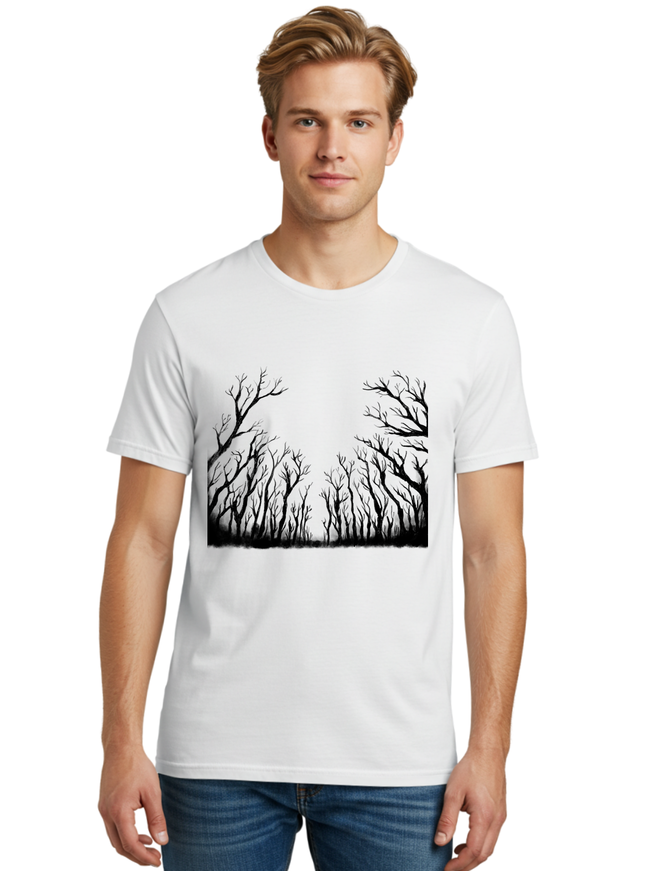 Bare-Trees Men'S Graphic Tee, 100% Cotton, Comfortable Casual Summer Wear, Machine Washable, Bare Trees, Black Silhouettes, Forest Landscape, Autumn Or Winter Scene, Dramatic Atmosphere, Mysterious Ambiance, Eerie Forest, Stark Beauty, Aac293