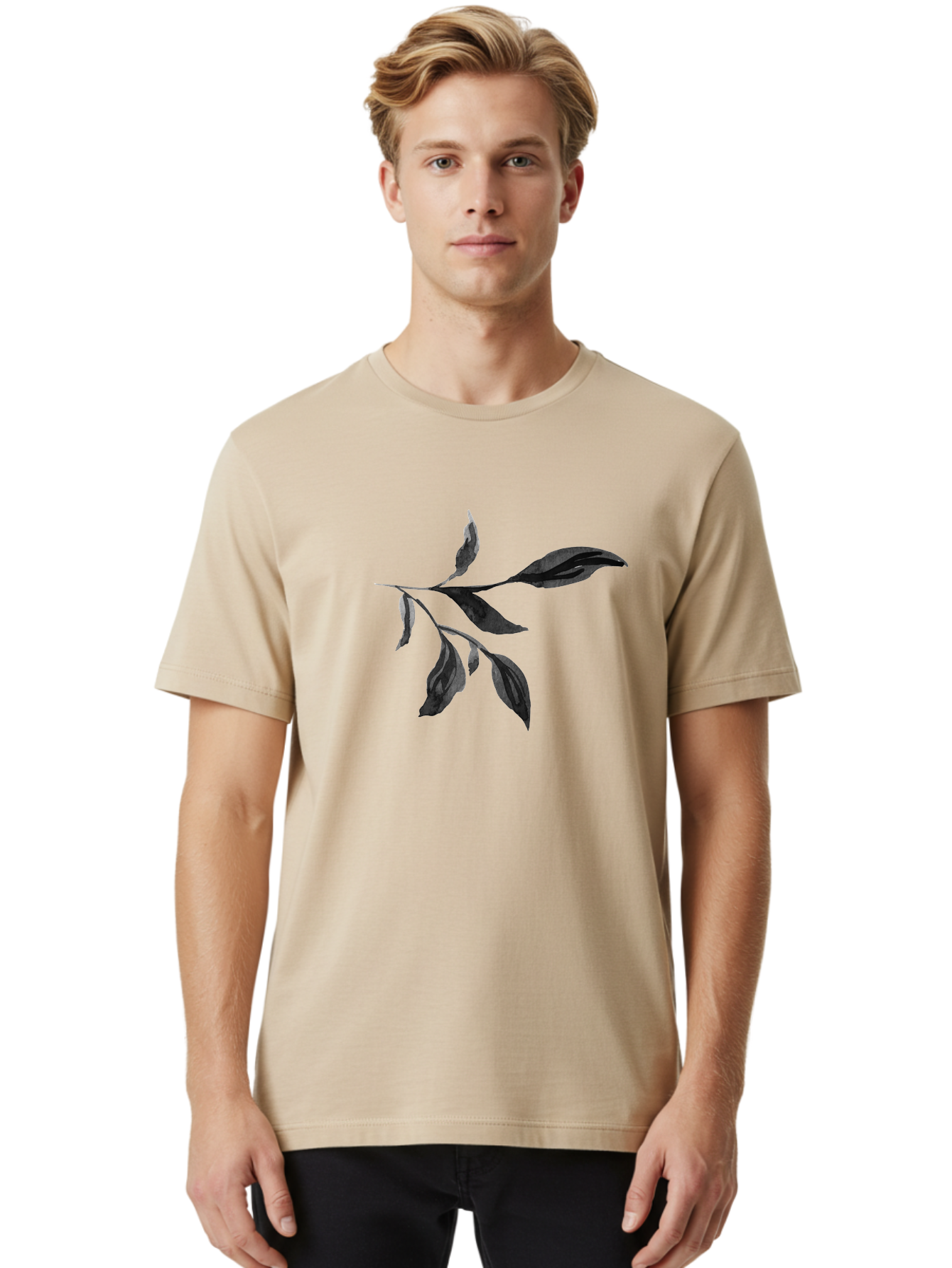 Black-Leaves Men'S Graphic Tee, 100% Cotton, Comfortable Casual Summer Wear, Machine Washable, Black Leaves, Foliage, Botanical Illustration, Leafy Branch, Dark Foliage, Minimalist Design, Simple Graphics, Nature-Inspired Art, Leaf Arrangement Aac294