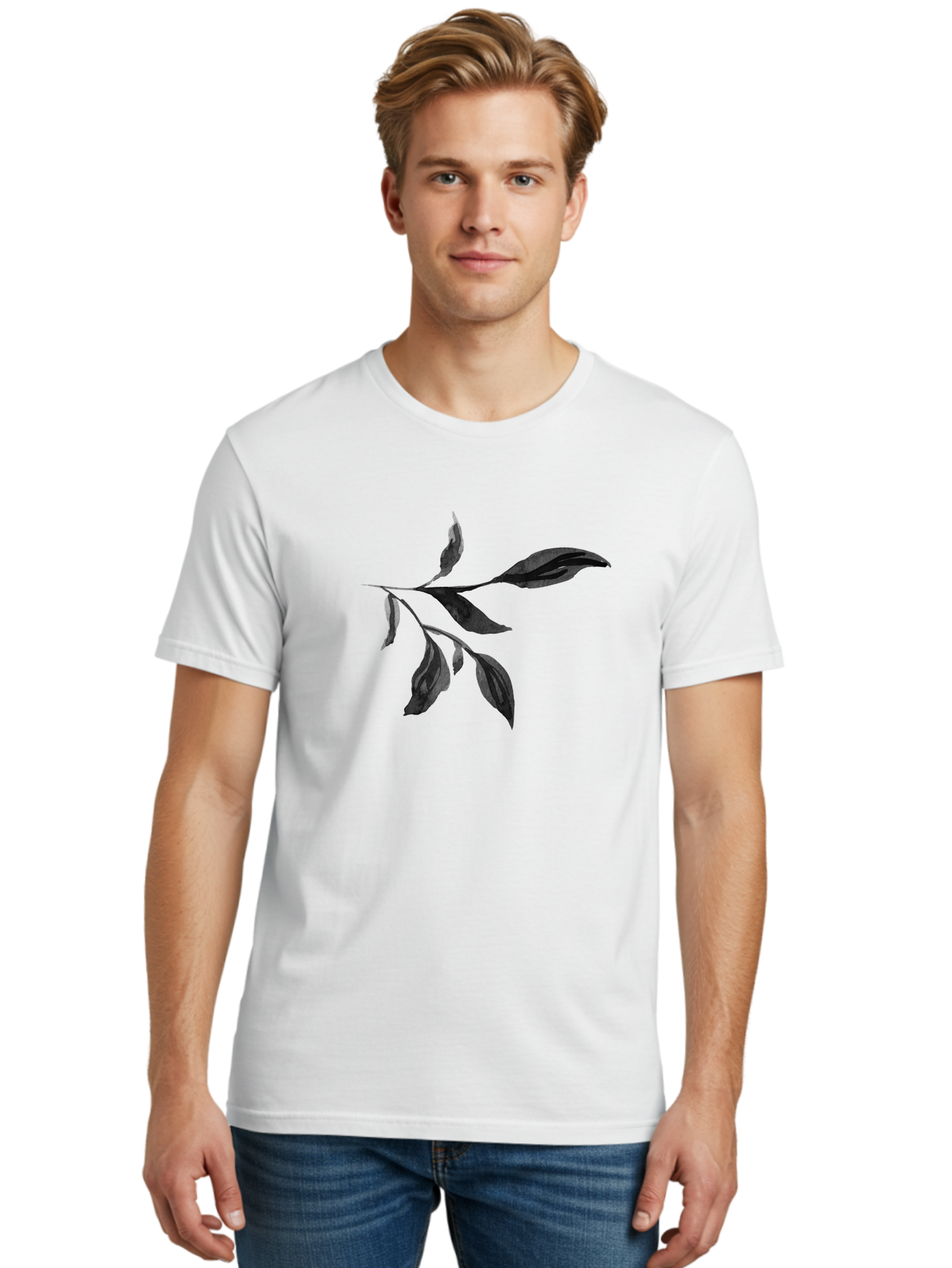 Black-Leaves Men'S Graphic Tee, 100% Cotton, Comfortable Casual Summer Wear, Machine Washable, Black Leaves, Foliage, Botanical Illustration, Leafy Branch, Dark Foliage, Minimalist Design, Simple Graphics, Nature-Inspired Art, Leaf Arrangement Aac294