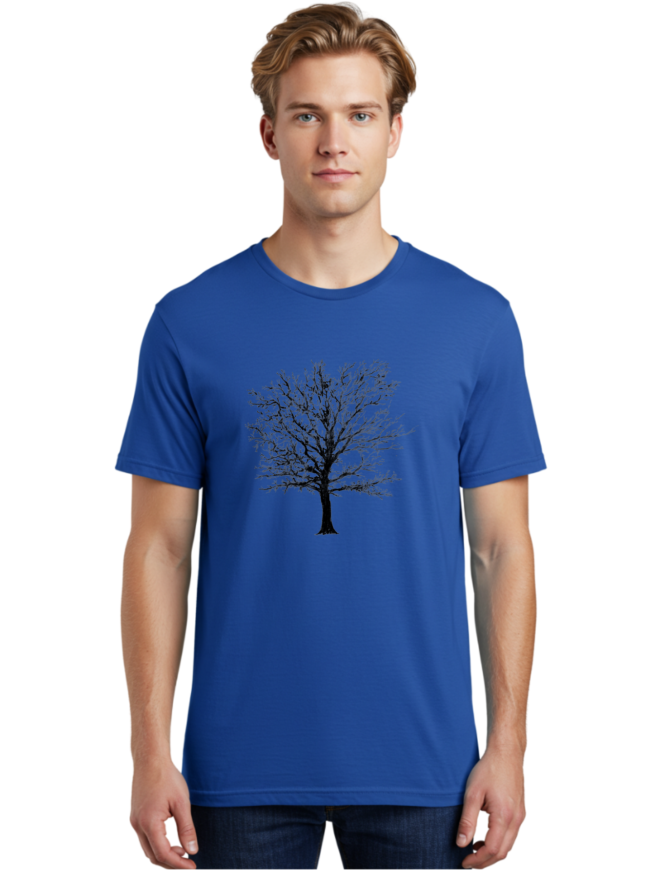 Black-Tree-Silhouette Men'S Graphic Tee, 100% Cotton, Comfortable Casual Summer Wear, Machine Washable, Bare Tree Silhouette, Winter Landscape, Barren Branches, Tree Without Leaves, Minimalist Design, Monochrome Tree, Natural Simplicity Aac295