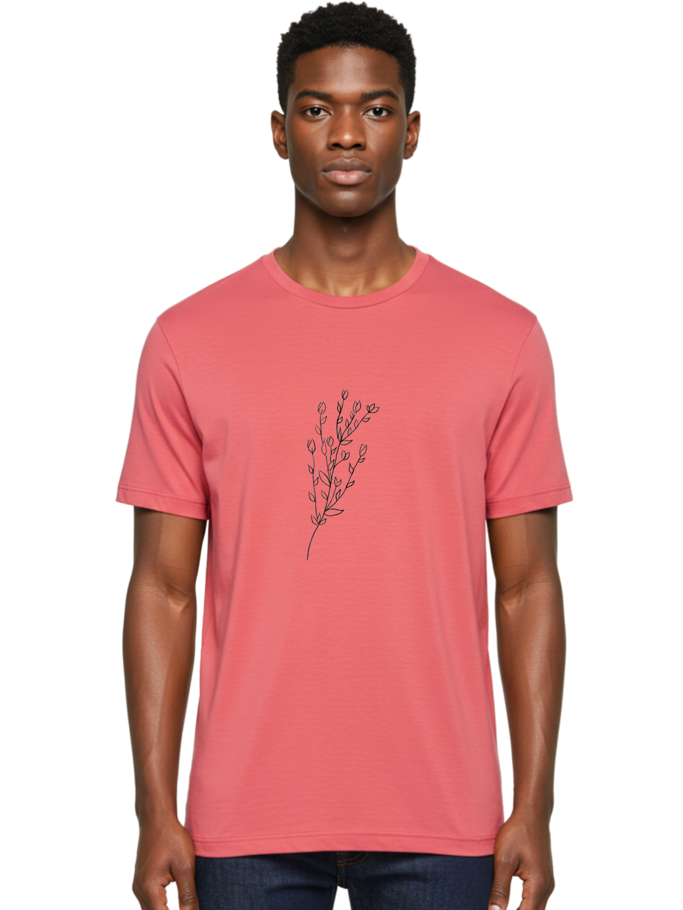 Budding-Branch Men'S Graphic Tee, 100% Cotton, Comfortable Casual Summer Wear, Machine Washable, Minimalist Flower Illustration, Simple Line Art, Botanical Design, Floral Elements, Delicate Stems, Leaves And Buds, Modern Botanical Art Aac296