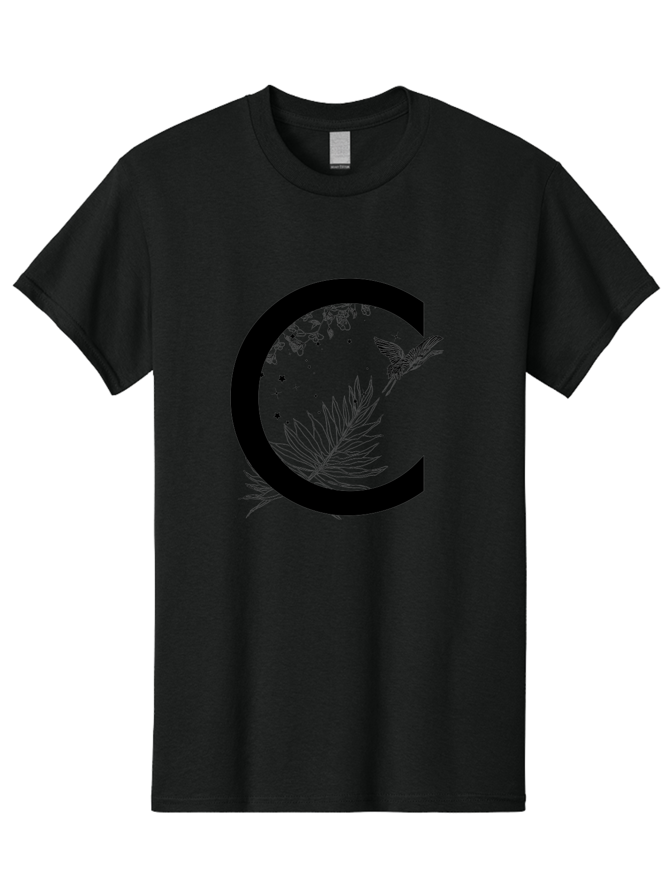 C Men'S Graphic Tee, 100% Cotton, Comfortable Casual Summer Wear, Machine Washable, Stylized Letter C, Black Logo, Floral Designs, Hummingbird, Leaves, Botanical Elements, Artistic Typography, Monochrome Illustration, Nature-Inspired Graphics Aac297