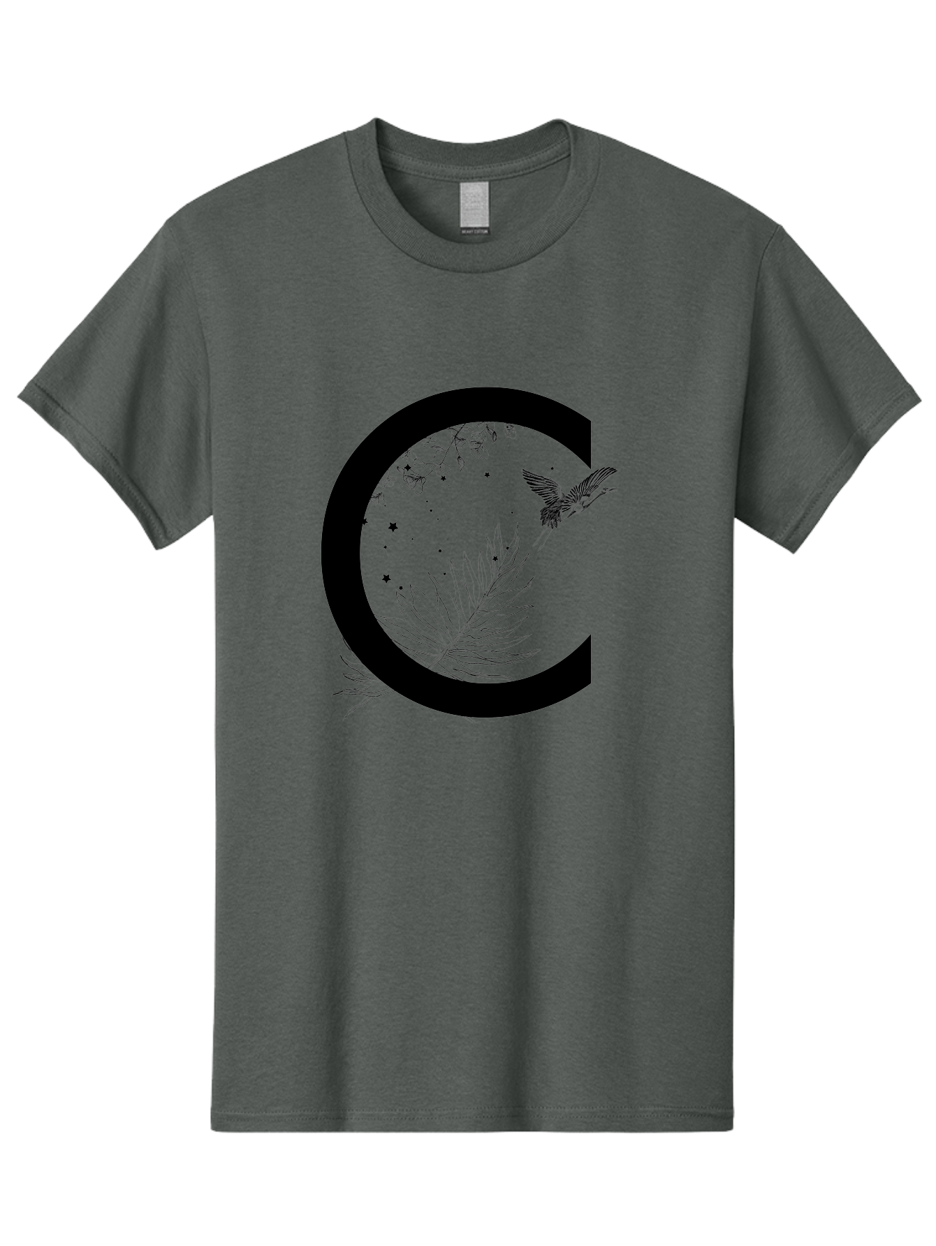 C Men'S Graphic Tee, 100% Cotton, Comfortable Casual Summer Wear, Machine Washable, Stylized Letter C, Black Logo, Floral Designs, Hummingbird, Leaves, Botanical Elements, Artistic Typography, Monochrome Illustration, Nature-Inspired Graphics Aac297