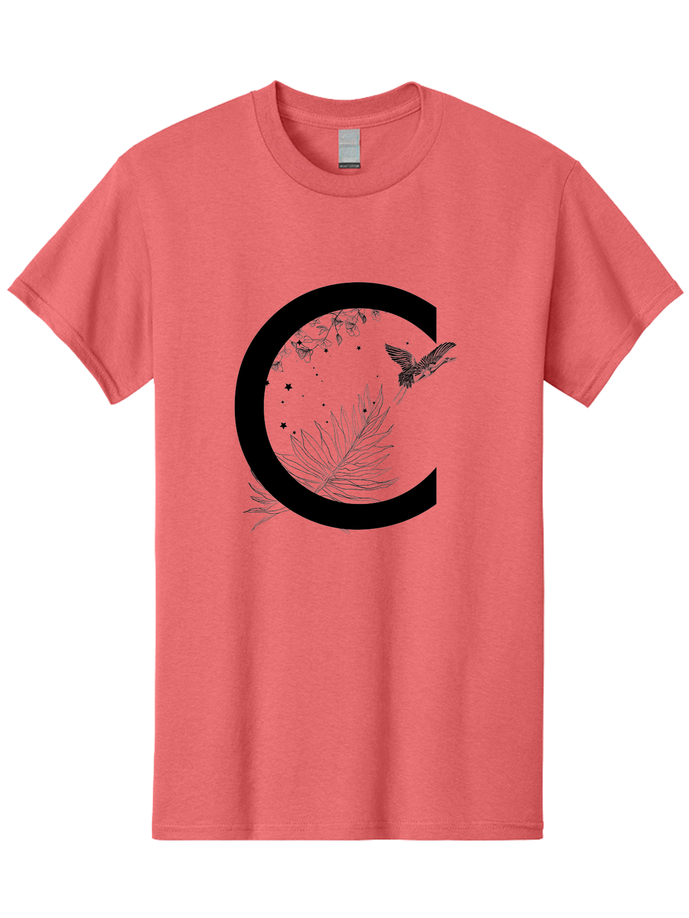C Men'S Graphic Tee, 100% Cotton, Comfortable Casual Summer Wear, Machine Washable, Stylized Letter C, Black Logo, Floral Designs, Hummingbird, Leaves, Botanical Elements, Artistic Typography, Monochrome Illustration, Nature-Inspired Graphics Aac297