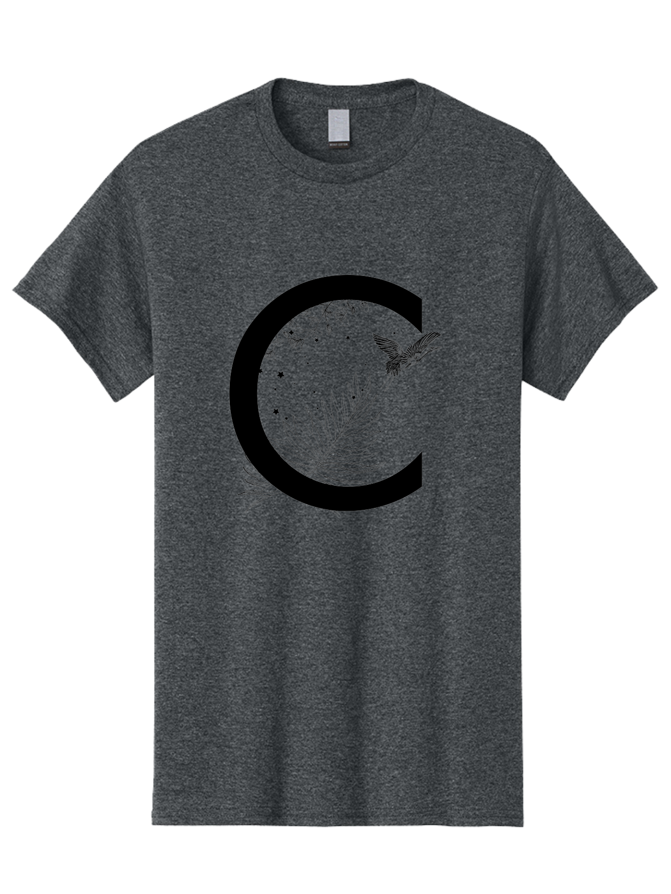C Men'S Graphic Tee, 100% Cotton, Comfortable Casual Summer Wear, Machine Washable, Stylized Letter C, Black Logo, Floral Designs, Hummingbird, Leaves, Botanical Elements, Artistic Typography, Monochrome Illustration, Nature-Inspired Graphics Aac297