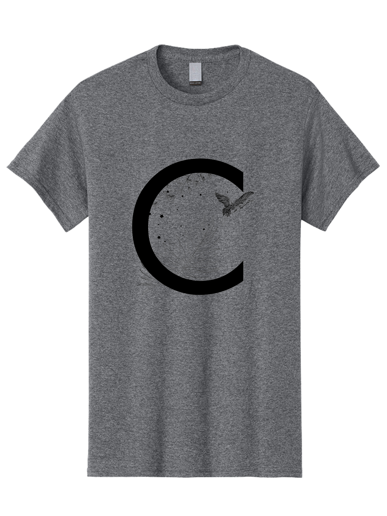 C Men'S Graphic Tee, 100% Cotton, Comfortable Casual Summer Wear, Machine Washable, Stylized Letter C, Black Logo, Floral Designs, Hummingbird, Leaves, Botanical Elements, Artistic Typography, Monochrome Illustration, Nature-Inspired Graphics Aac297
