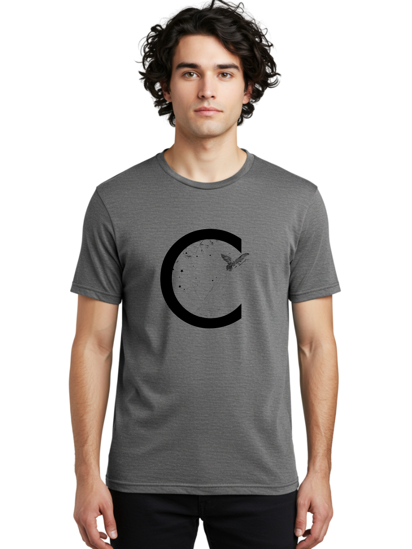 C Men'S Graphic Tee, 100% Cotton, Comfortable Casual Summer Wear, Machine Washable, Stylized Letter C, Black Logo, Floral Designs, Hummingbird, Leaves, Botanical Elements, Artistic Typography, Monochrome Illustration, Nature-Inspired Graphics Aac297