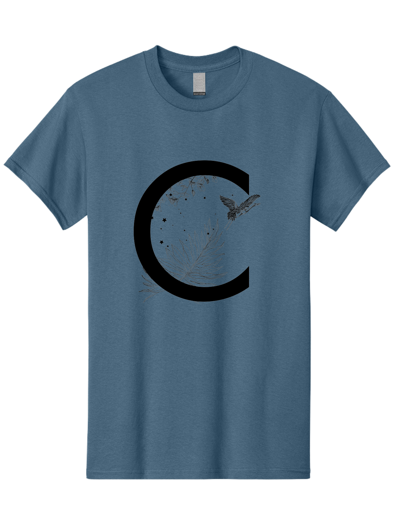C Men'S Graphic Tee, 100% Cotton, Comfortable Casual Summer Wear, Machine Washable, Stylized Letter C, Black Logo, Floral Designs, Hummingbird, Leaves, Botanical Elements, Artistic Typography, Monochrome Illustration, Nature-Inspired Graphics Aac297