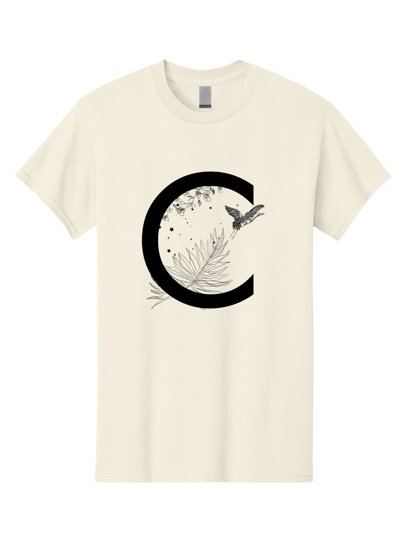 C Men'S Graphic Tee, 100% Cotton, Comfortable Casual Summer Wear, Machine Washable, Stylized Letter C, Black Logo, Floral Designs, Hummingbird, Leaves, Botanical Elements, Artistic Typography, Monochrome Illustration, Nature-Inspired Graphics Aac297