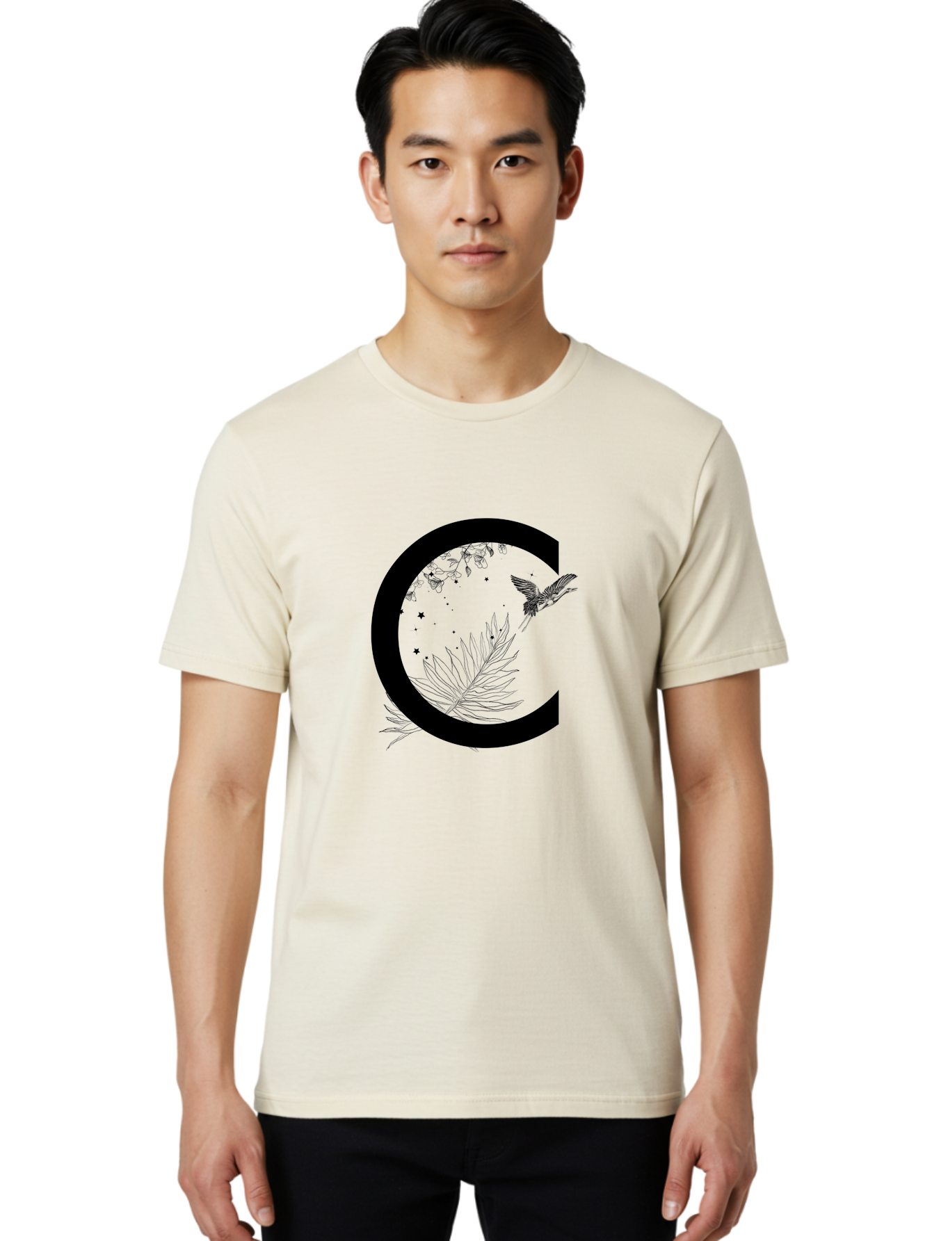 C Men'S Graphic Tee, 100% Cotton, Comfortable Casual Summer Wear, Machine Washable, Stylized Letter C, Black Logo, Floral Designs, Hummingbird, Leaves, Botanical Elements, Artistic Typography, Monochrome Illustration, Nature-Inspired Graphics Aac297