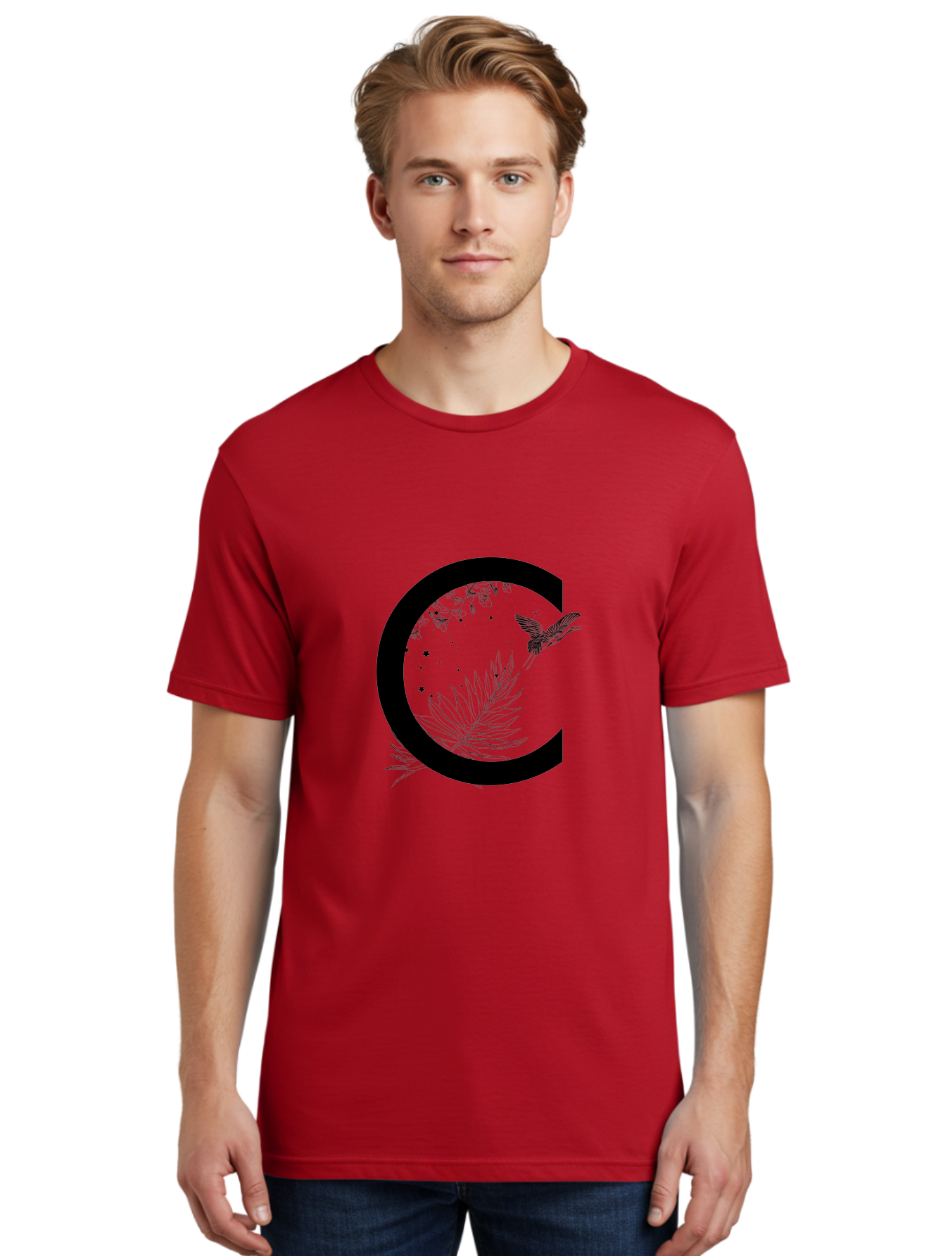 C Men'S Graphic Tee, 100% Cotton, Comfortable Casual Summer Wear, Machine Washable, Stylized Letter C, Black Logo, Floral Designs, Hummingbird, Leaves, Botanical Elements, Artistic Typography, Monochrome Illustration, Nature-Inspired Graphics Aac297