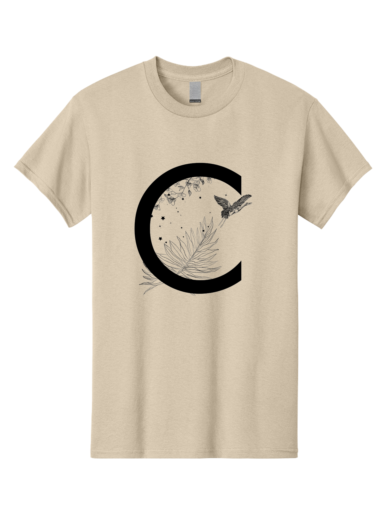 C Men'S Graphic Tee, 100% Cotton, Comfortable Casual Summer Wear, Machine Washable, Stylized Letter C, Black Logo, Floral Designs, Hummingbird, Leaves, Botanical Elements, Artistic Typography, Monochrome Illustration, Nature-Inspired Graphics Aac297