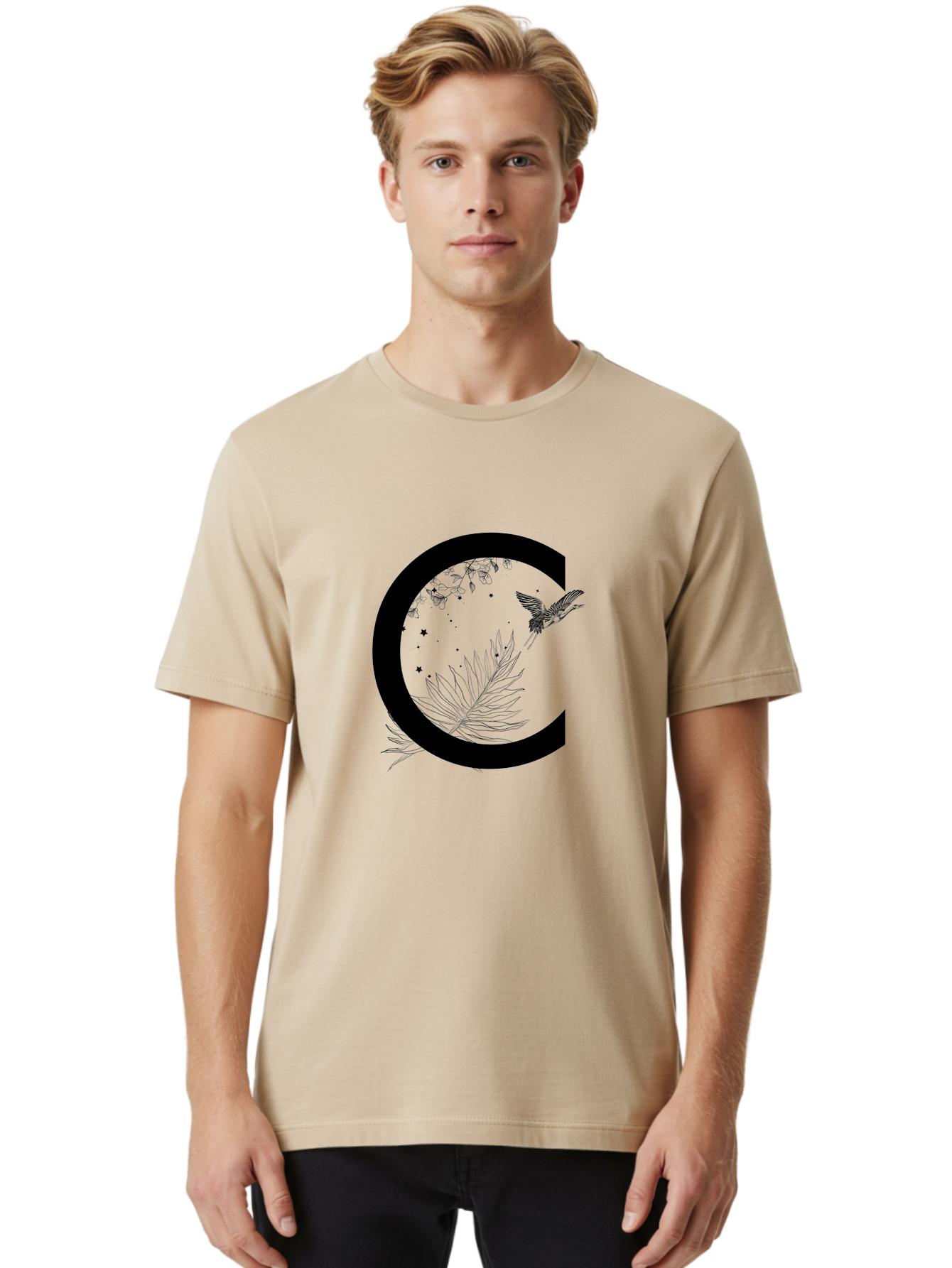 C Men'S Graphic Tee, 100% Cotton, Comfortable Casual Summer Wear, Machine Washable, Stylized Letter C, Black Logo, Floral Designs, Hummingbird, Leaves, Botanical Elements, Artistic Typography, Monochrome Illustration, Nature-Inspired Graphics Aac297