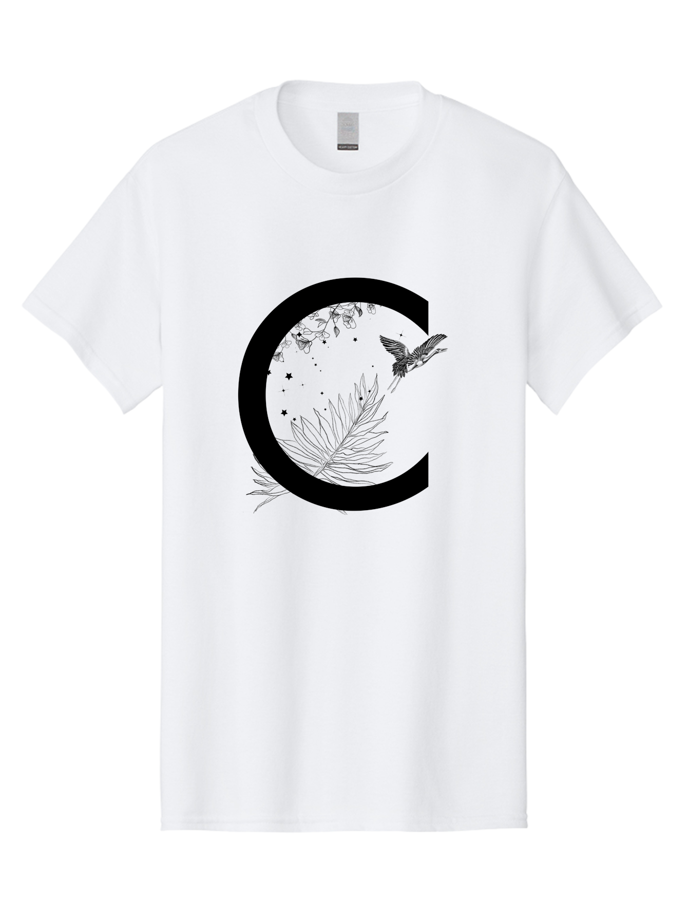 C Men'S Graphic Tee, 100% Cotton, Comfortable Casual Summer Wear, Machine Washable, Stylized Letter C, Black Logo, Floral Designs, Hummingbird, Leaves, Botanical Elements, Artistic Typography, Monochrome Illustration, Nature-Inspired Graphics Aac297