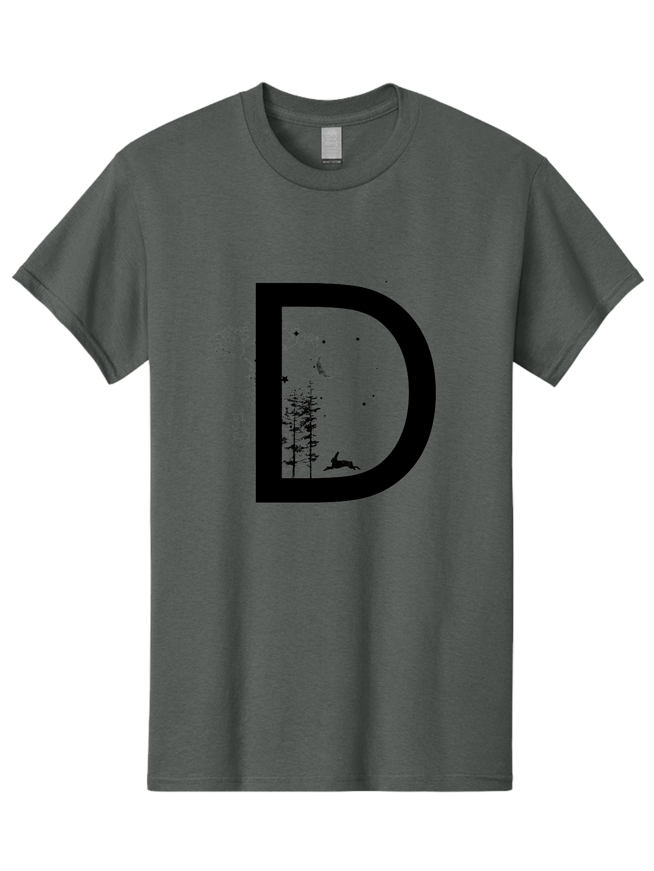 D Men'S Graphic Tee, 100% Cotton, Comfortable Casual Summer Wear, Machine Washable, Whimsical Letter D, Forest Silhouettes, Crescent Moon, Stars, Leaping Deer, Nighttime Scene, Dreamy Atmosphere, Typography Art, Mystical Elements, Aac300