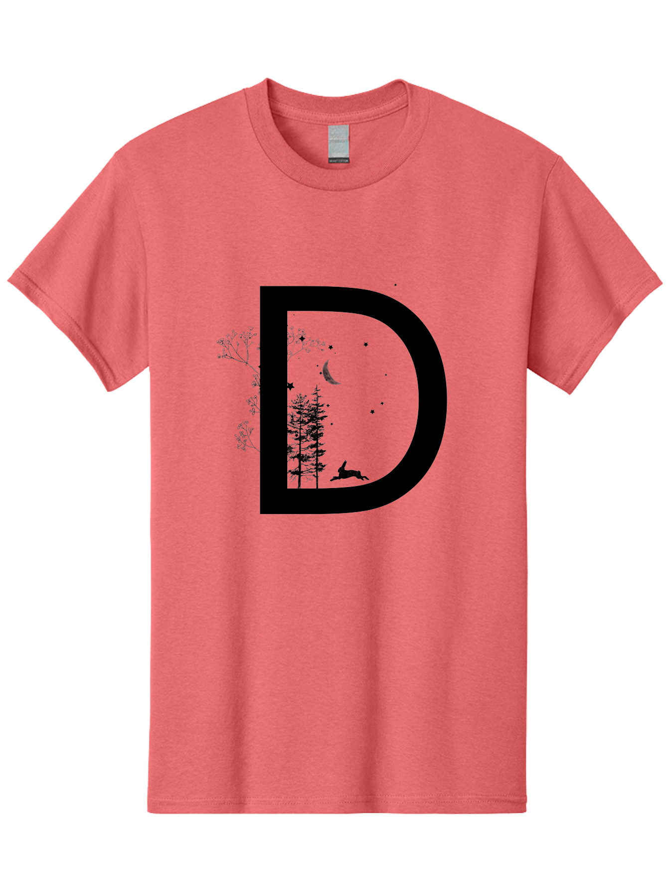 D Men'S Graphic Tee, 100% Cotton, Comfortable Casual Summer Wear, Machine Washable, Whimsical Letter D, Forest Silhouettes, Crescent Moon, Stars, Leaping Deer, Nighttime Scene, Dreamy Atmosphere, Typography Art, Mystical Elements, Aac300