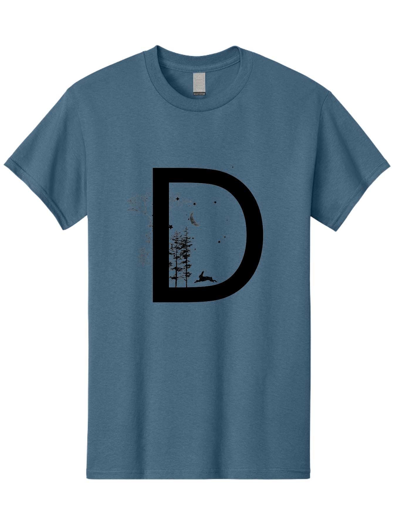 D Men'S Graphic Tee, 100% Cotton, Comfortable Casual Summer Wear, Machine Washable, Whimsical Letter D, Forest Silhouettes, Crescent Moon, Stars, Leaping Deer, Nighttime Scene, Dreamy Atmosphere, Typography Art, Mystical Elements, Aac300