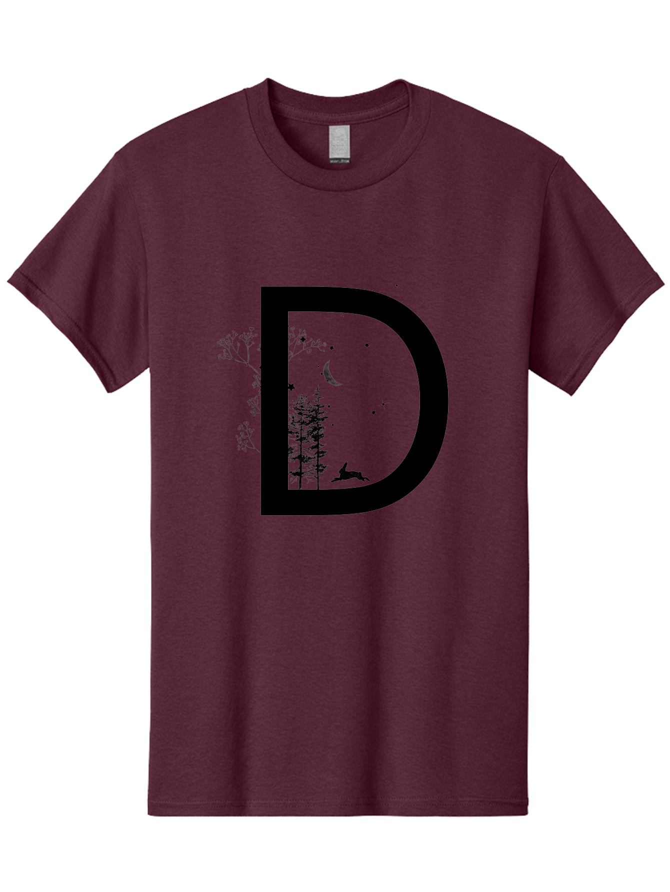 D Men'S Graphic Tee, 100% Cotton, Comfortable Casual Summer Wear, Machine Washable, Whimsical Letter D, Forest Silhouettes, Crescent Moon, Stars, Leaping Deer, Nighttime Scene, Dreamy Atmosphere, Typography Art, Mystical Elements, Aac300