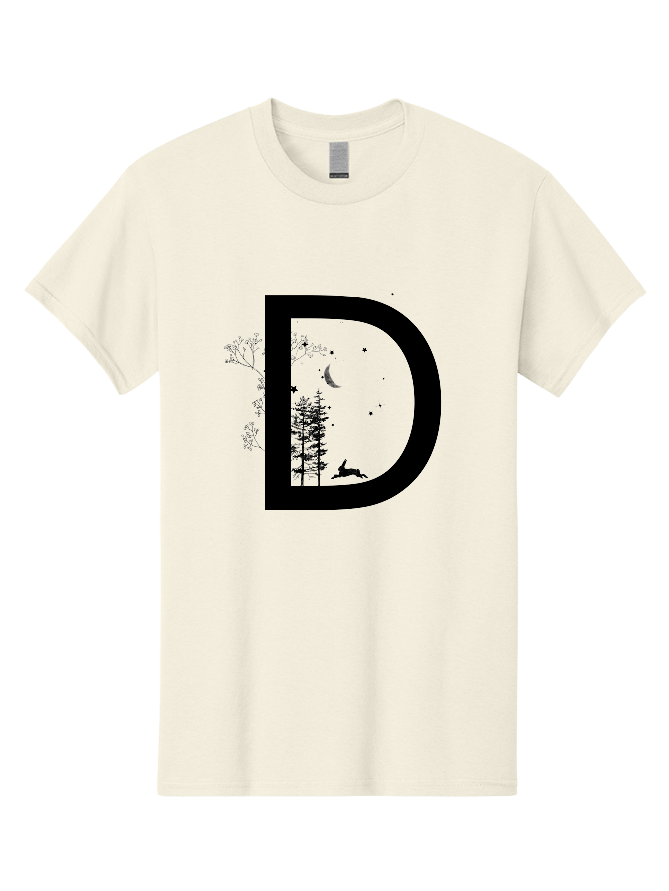 D Men'S Graphic Tee, 100% Cotton, Comfortable Casual Summer Wear, Machine Washable, Whimsical Letter D, Forest Silhouettes, Crescent Moon, Stars, Leaping Deer, Nighttime Scene, Dreamy Atmosphere, Typography Art, Mystical Elements, Aac300