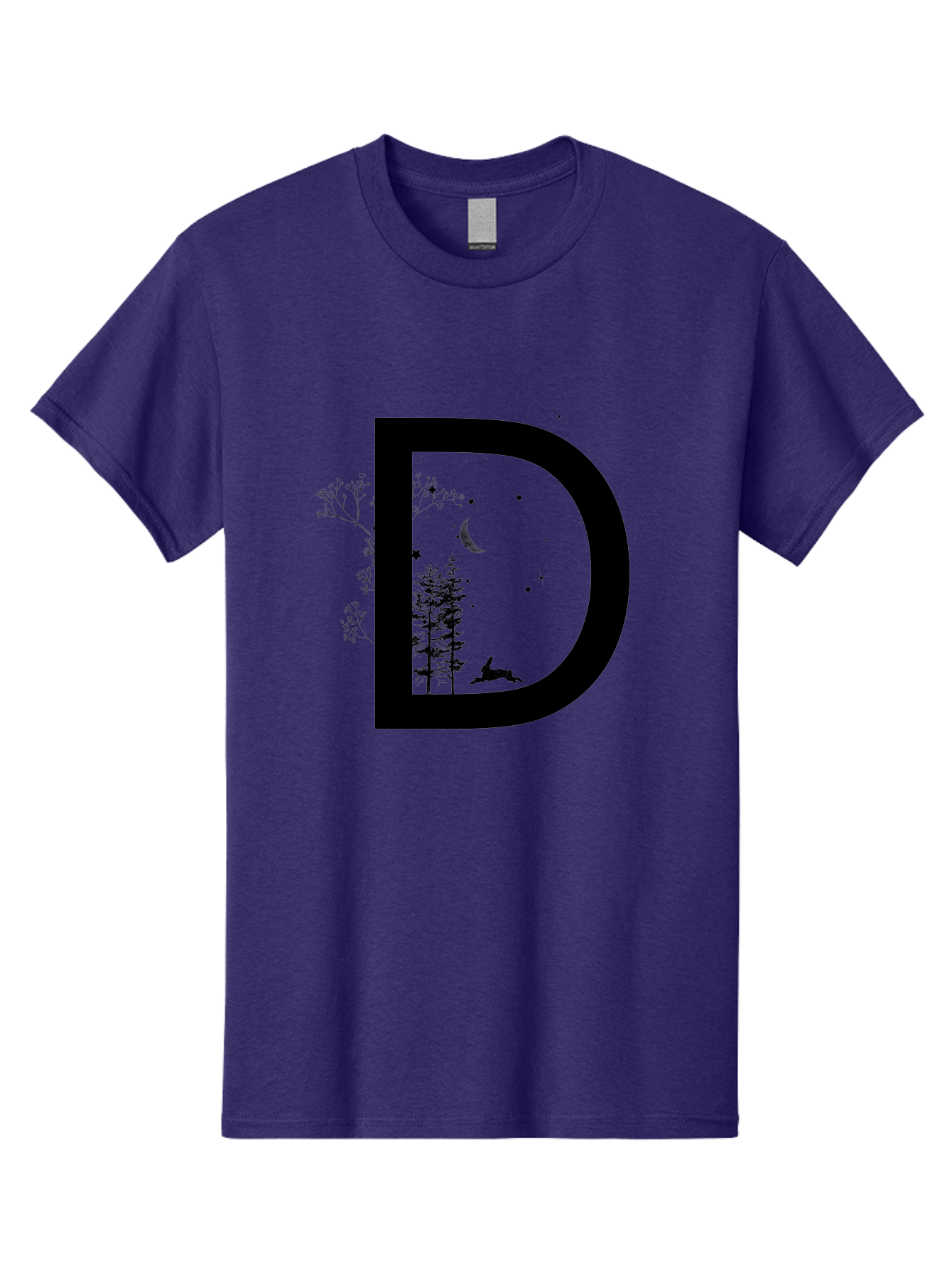 D Men'S Graphic Tee, 100% Cotton, Comfortable Casual Summer Wear, Machine Washable, Whimsical Letter D, Forest Silhouettes, Crescent Moon, Stars, Leaping Deer, Nighttime Scene, Dreamy Atmosphere, Typography Art, Mystical Elements, Aac300