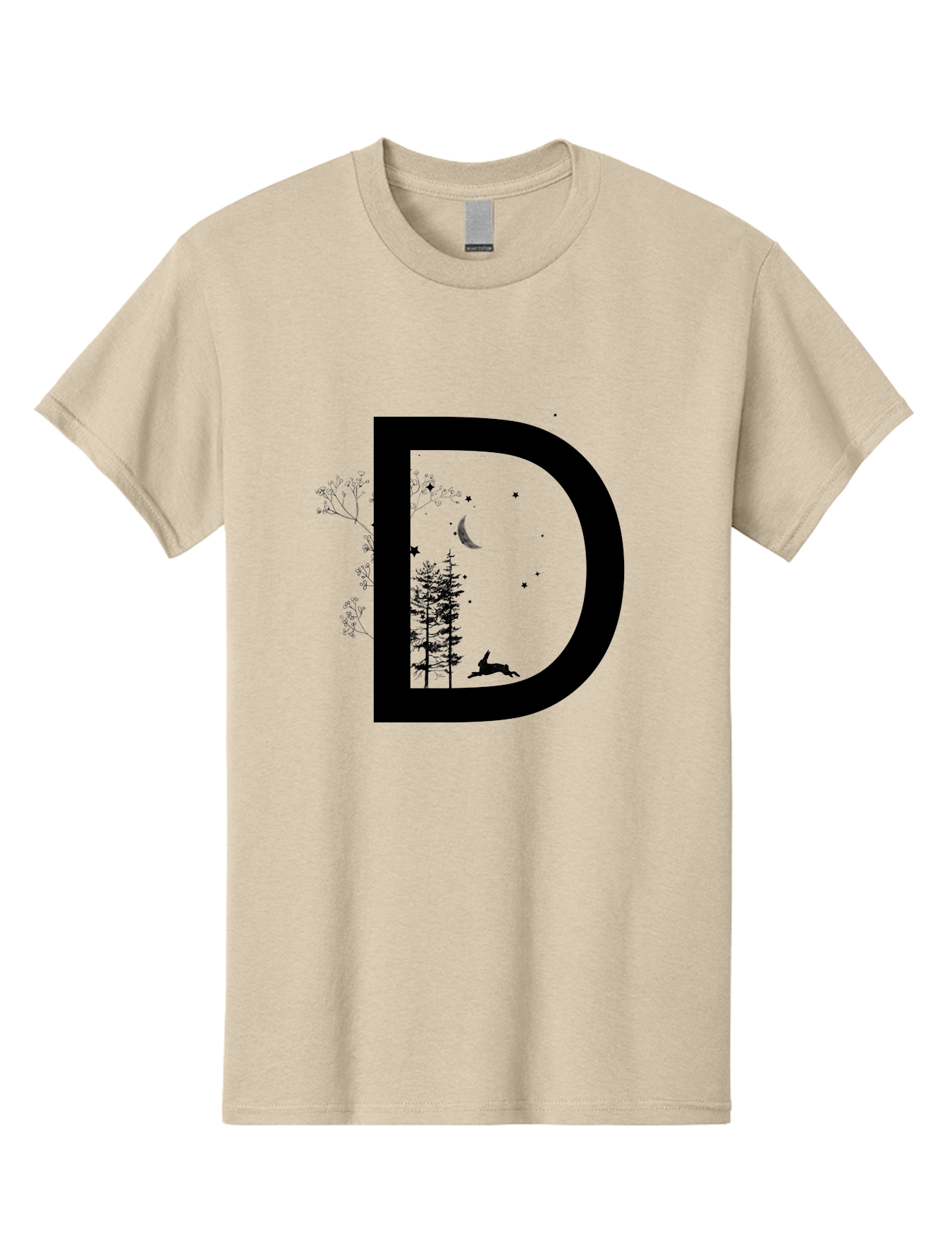 D Men'S Graphic Tee, 100% Cotton, Comfortable Casual Summer Wear, Machine Washable, Whimsical Letter D, Forest Silhouettes, Crescent Moon, Stars, Leaping Deer, Nighttime Scene, Dreamy Atmosphere, Typography Art, Mystical Elements, Aac300