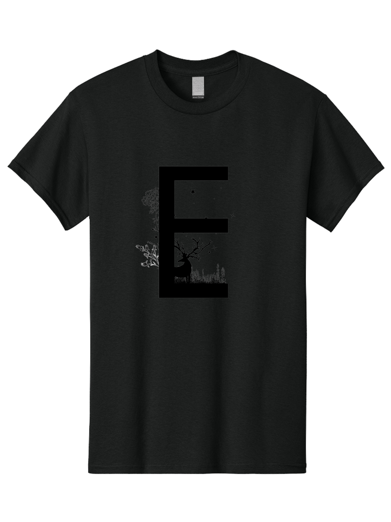 E Men'S Graphic Tee, 100% Cotton, Comfortable Casual Summer Wear, Machine Washable, Large Letter E, Tree Silhouettes, Floral Elements, Nature-Inspired Design, Creative Typography, Artistic Lettering, Botanical Art, Whimsical Style, Aac304
