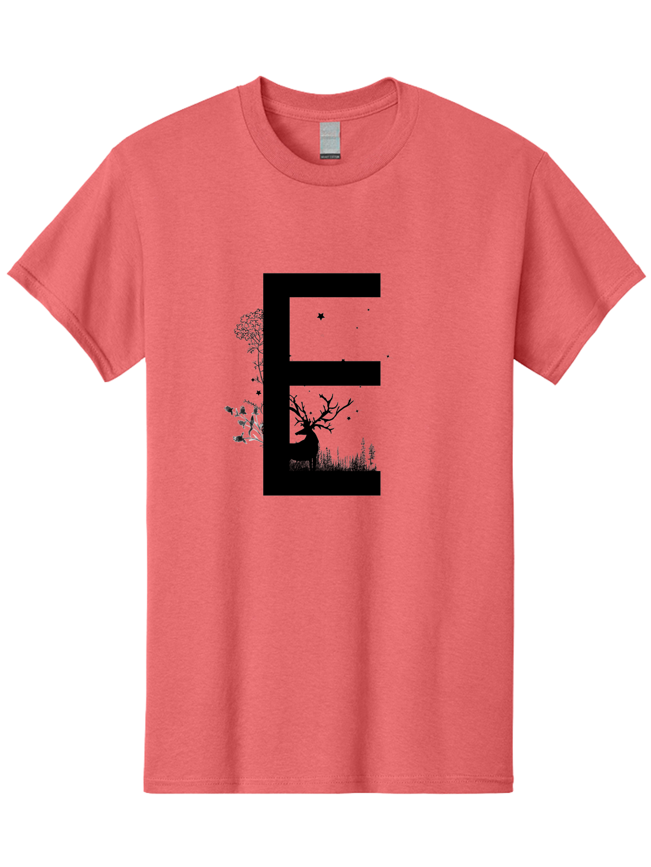 E Men'S Graphic Tee, 100% Cotton, Comfortable Casual Summer Wear, Machine Washable, Large Letter E, Tree Silhouettes, Floral Elements, Nature-Inspired Design, Creative Typography, Artistic Lettering, Botanical Art, Whimsical Style, Aac304