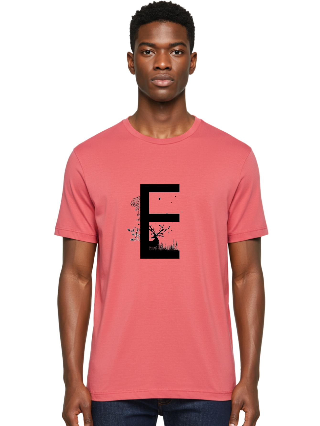 E Men'S Graphic Tee, 100% Cotton, Comfortable Casual Summer Wear, Machine Washable, Large Letter E, Tree Silhouettes, Floral Elements, Nature-Inspired Design, Creative Typography, Artistic Lettering, Botanical Art, Whimsical Style, Aac304