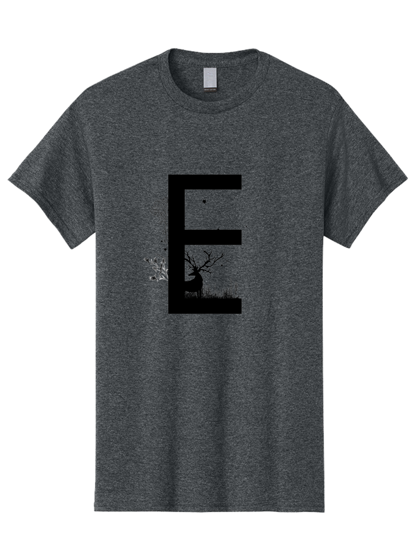E Men'S Graphic Tee, 100% Cotton, Comfortable Casual Summer Wear, Machine Washable, Large Letter E, Tree Silhouettes, Floral Elements, Nature-Inspired Design, Creative Typography, Artistic Lettering, Botanical Art, Whimsical Style, Aac304