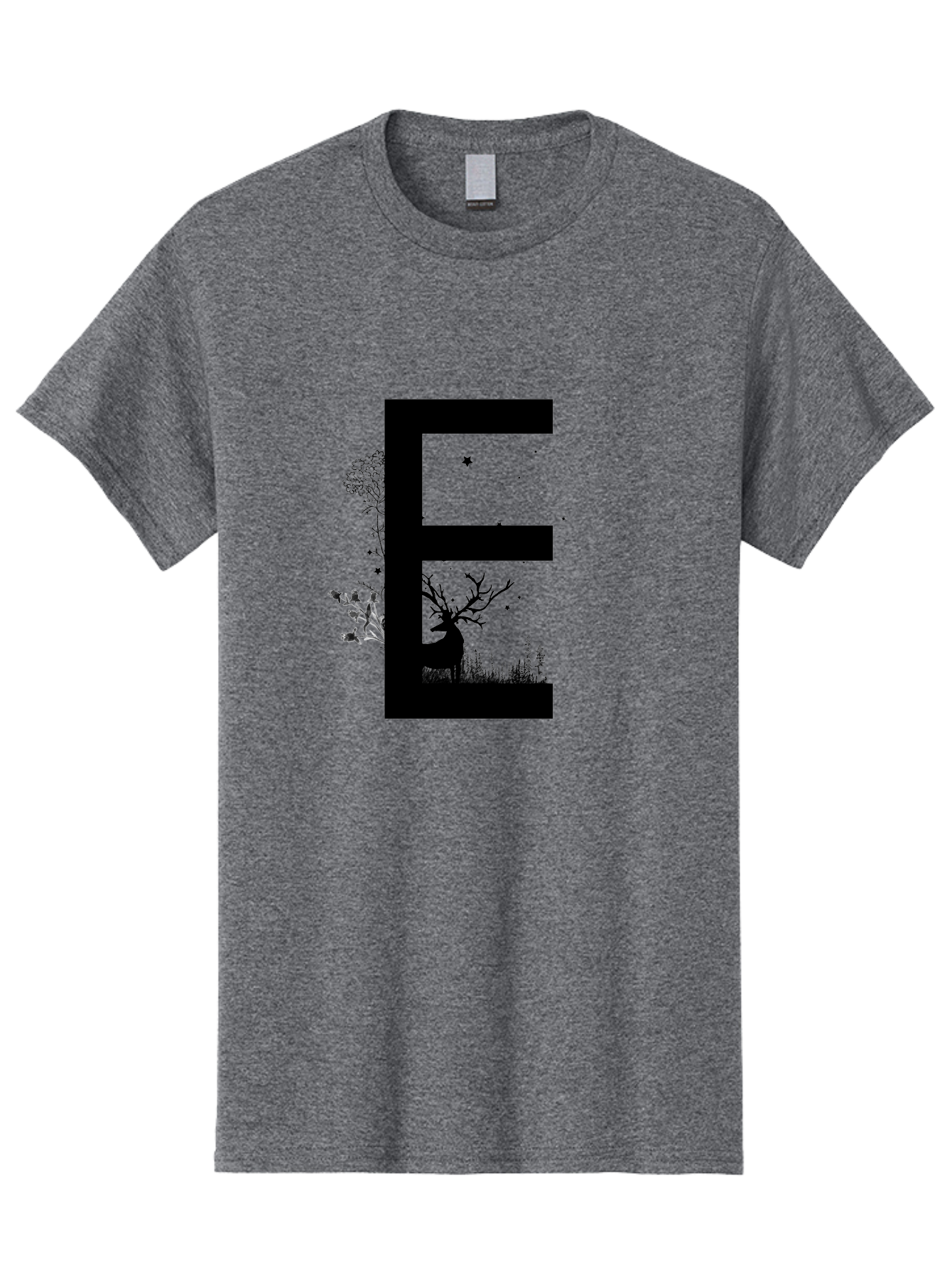 E Men'S Graphic Tee, 100% Cotton, Comfortable Casual Summer Wear, Machine Washable, Large Letter E, Tree Silhouettes, Floral Elements, Nature-Inspired Design, Creative Typography, Artistic Lettering, Botanical Art, Whimsical Style, Aac304