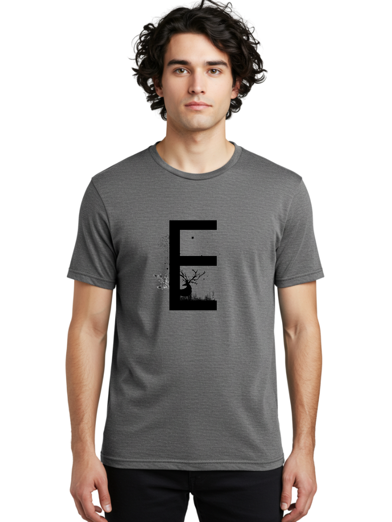 E Men'S Graphic Tee, 100% Cotton, Comfortable Casual Summer Wear, Machine Washable, Large Letter E, Tree Silhouettes, Floral Elements, Nature-Inspired Design, Creative Typography, Artistic Lettering, Botanical Art, Whimsical Style, Aac304