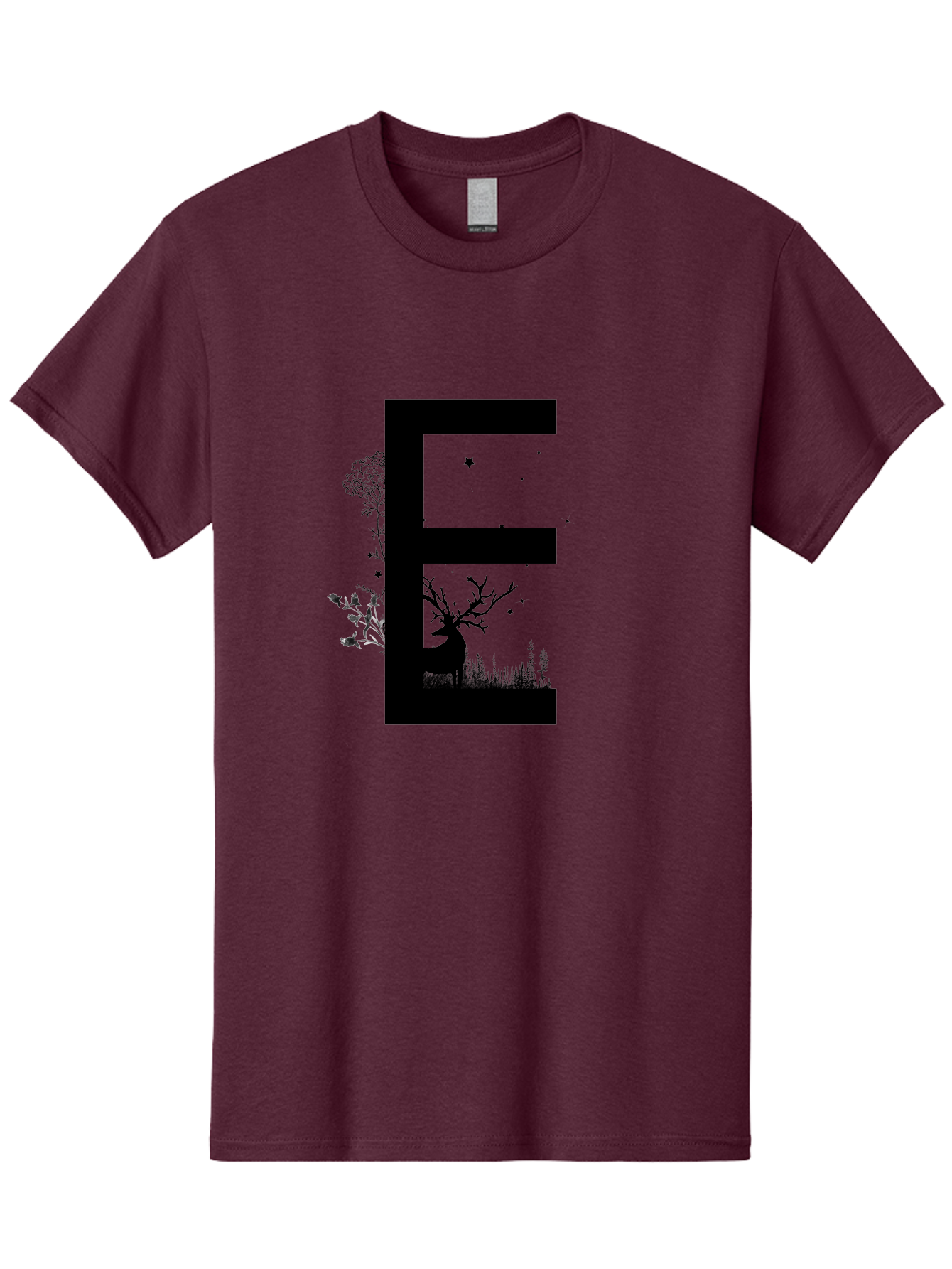 E Men'S Graphic Tee, 100% Cotton, Comfortable Casual Summer Wear, Machine Washable, Large Letter E, Tree Silhouettes, Floral Elements, Nature-Inspired Design, Creative Typography, Artistic Lettering, Botanical Art, Whimsical Style, Aac304