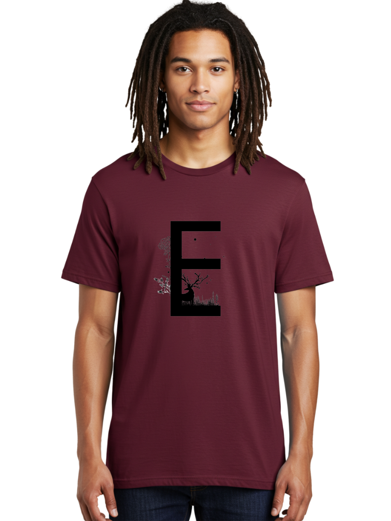 E Men'S Graphic Tee, 100% Cotton, Comfortable Casual Summer Wear, Machine Washable, Large Letter E, Tree Silhouettes, Floral Elements, Nature-Inspired Design, Creative Typography, Artistic Lettering, Botanical Art, Whimsical Style, Aac304