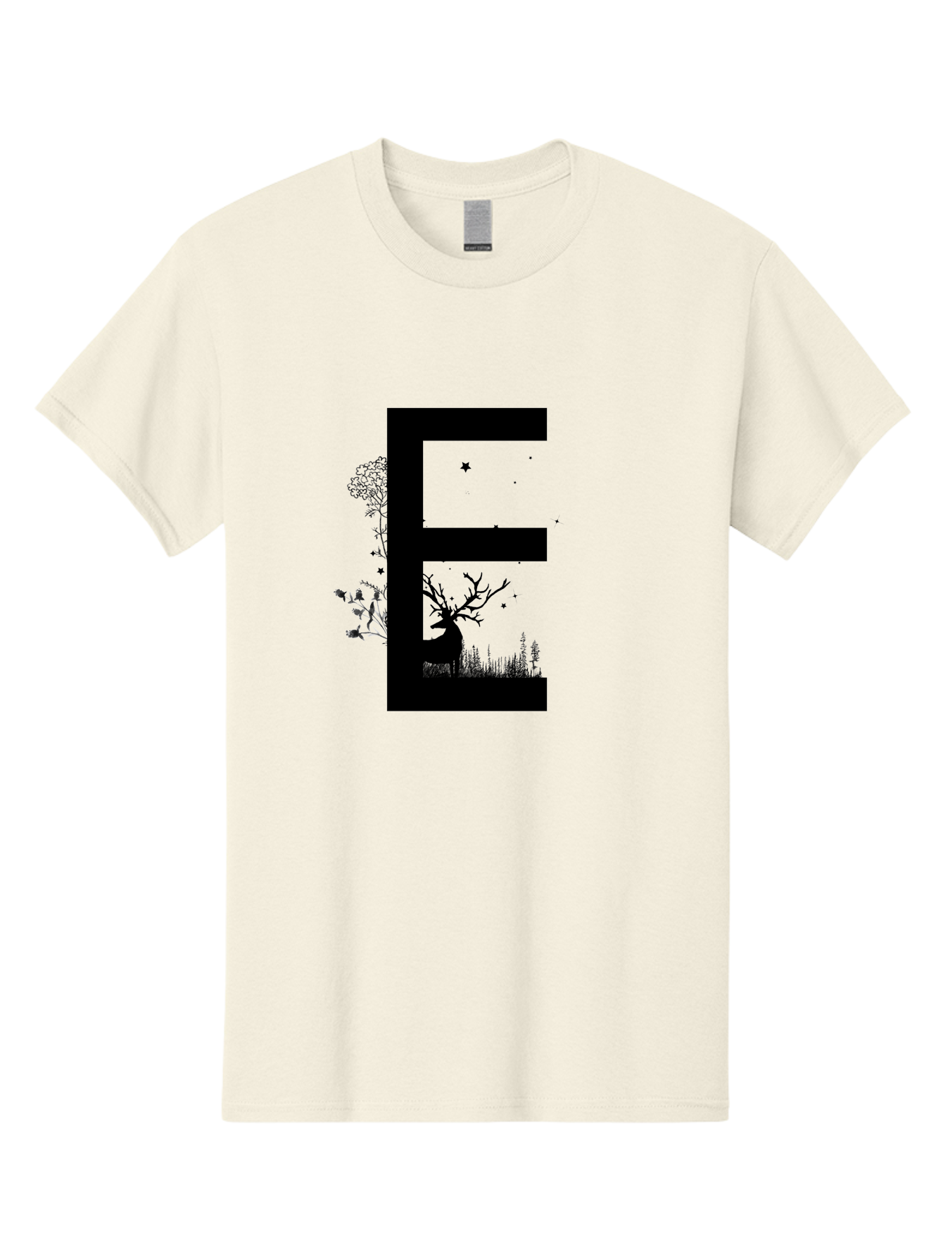 E Men'S Graphic Tee, 100% Cotton, Comfortable Casual Summer Wear, Machine Washable, Large Letter E, Tree Silhouettes, Floral Elements, Nature-Inspired Design, Creative Typography, Artistic Lettering, Botanical Art, Whimsical Style, Aac304