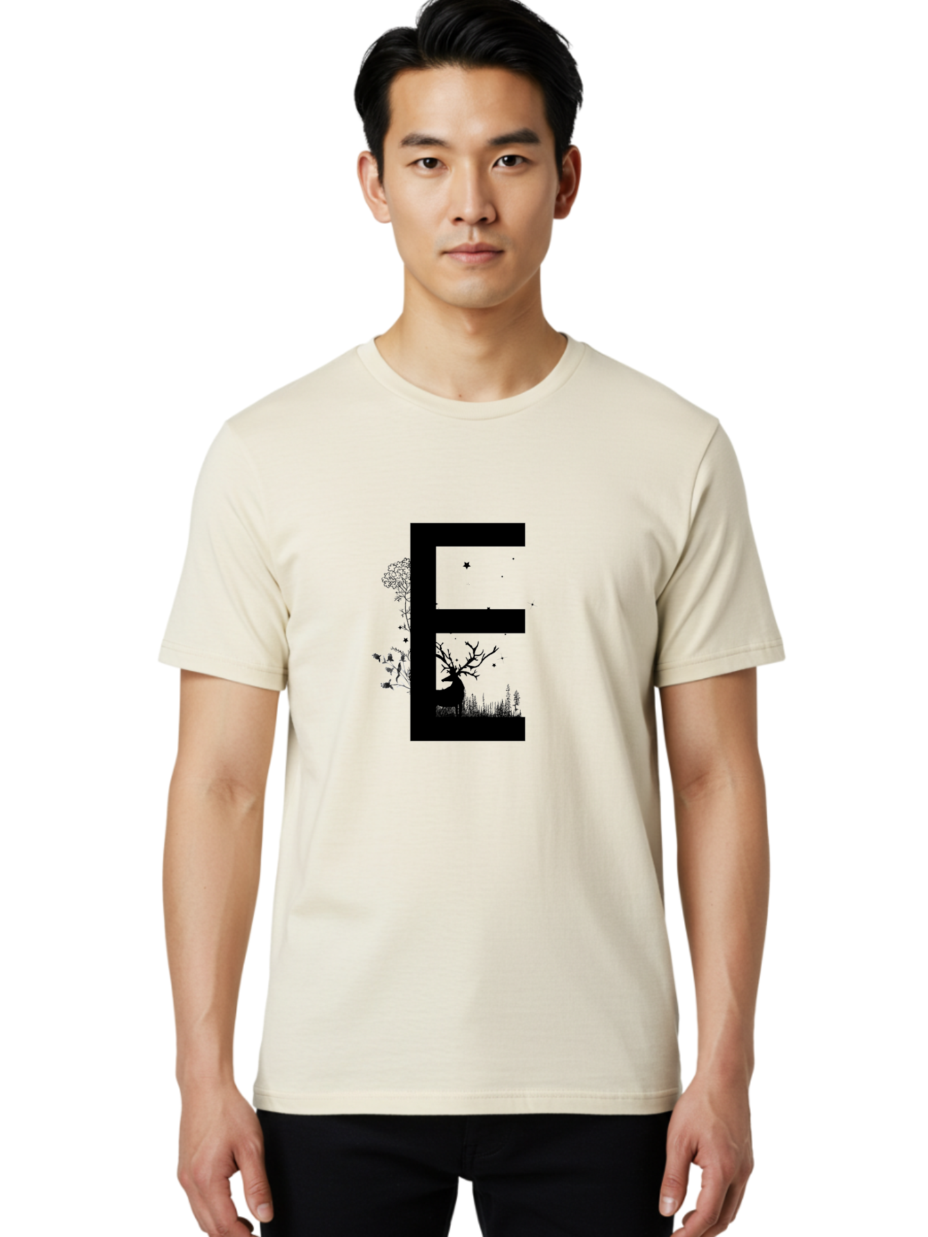 E Men'S Graphic Tee, 100% Cotton, Comfortable Casual Summer Wear, Machine Washable, Large Letter E, Tree Silhouettes, Floral Elements, Nature-Inspired Design, Creative Typography, Artistic Lettering, Botanical Art, Whimsical Style, Aac304