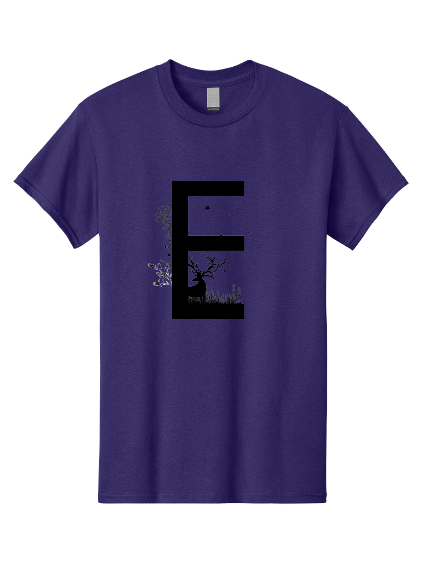 E Men'S Graphic Tee, 100% Cotton, Comfortable Casual Summer Wear, Machine Washable, Large Letter E, Tree Silhouettes, Floral Elements, Nature-Inspired Design, Creative Typography, Artistic Lettering, Botanical Art, Whimsical Style, Aac304