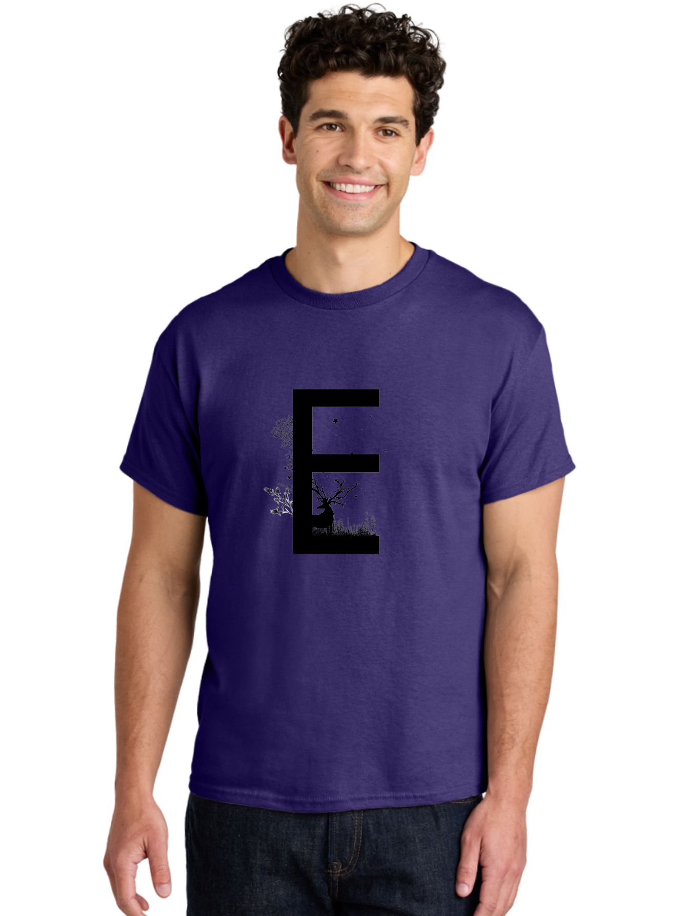 E Men'S Graphic Tee, 100% Cotton, Comfortable Casual Summer Wear, Machine Washable, Large Letter E, Tree Silhouettes, Floral Elements, Nature-Inspired Design, Creative Typography, Artistic Lettering, Botanical Art, Whimsical Style, Aac304