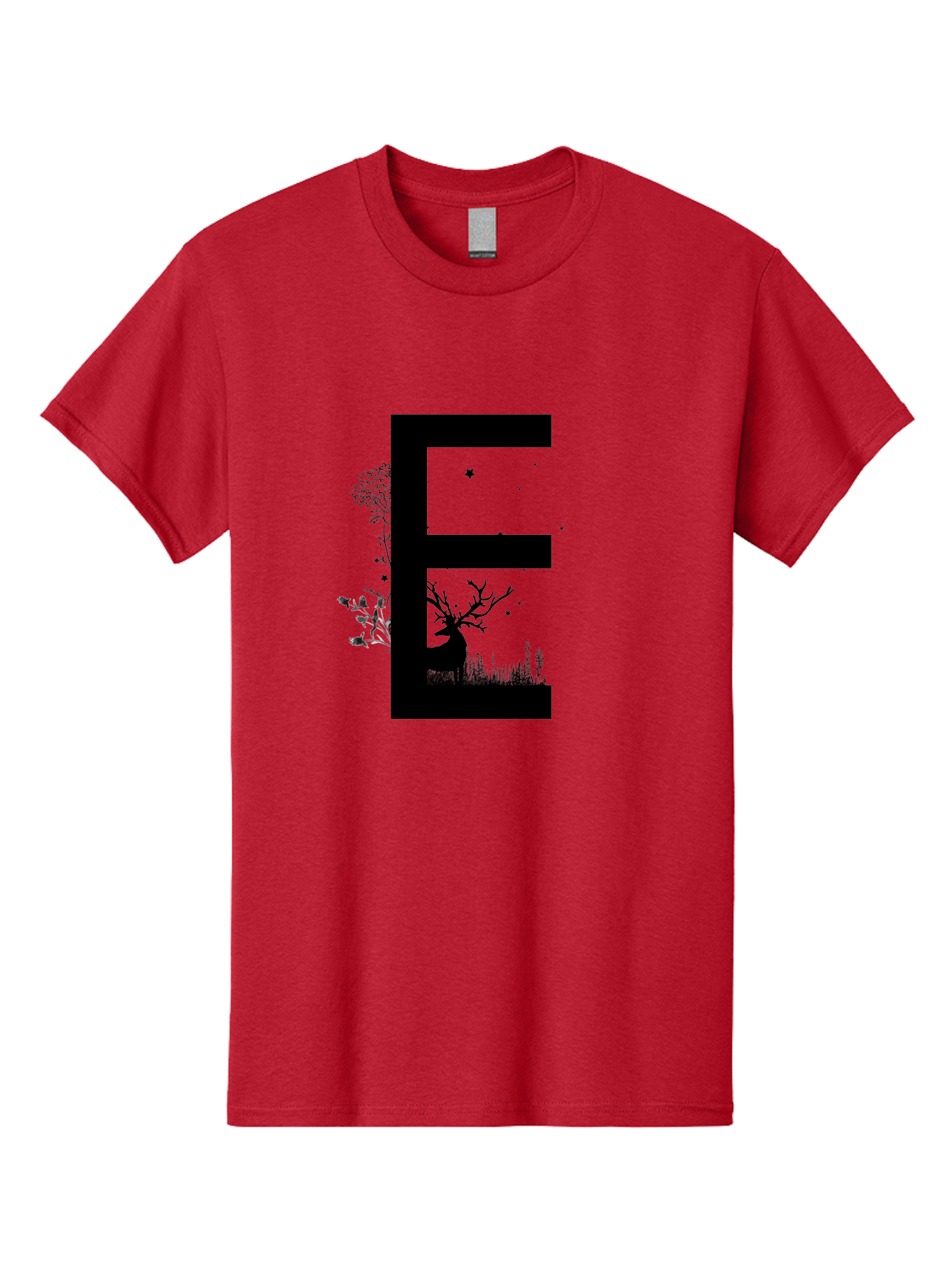 E Men'S Graphic Tee, 100% Cotton, Comfortable Casual Summer Wear, Machine Washable, Large Letter E, Tree Silhouettes, Floral Elements, Nature-Inspired Design, Creative Typography, Artistic Lettering, Botanical Art, Whimsical Style, Aac304