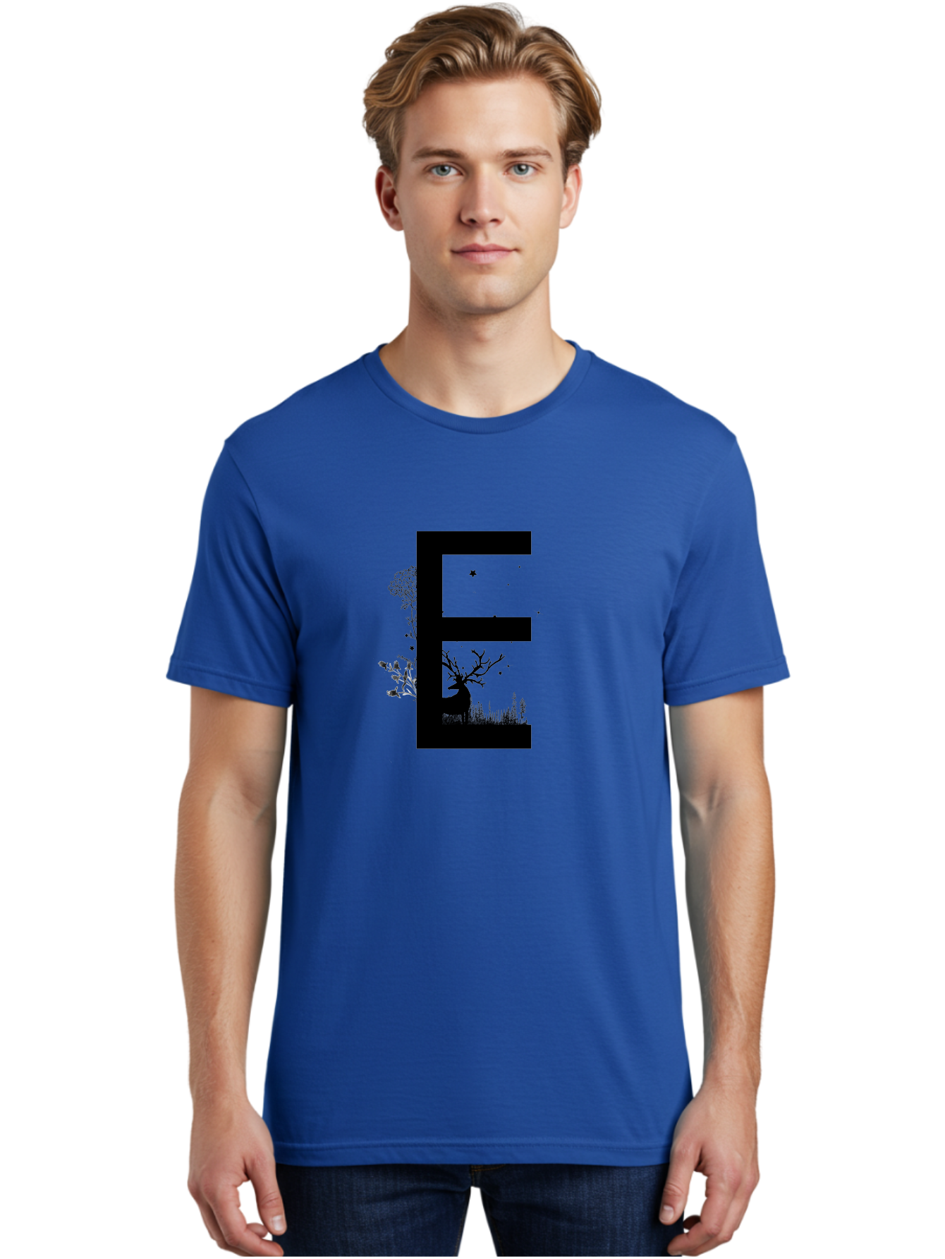 E Men'S Graphic Tee, 100% Cotton, Comfortable Casual Summer Wear, Machine Washable, Large Letter E, Tree Silhouettes, Floral Elements, Nature-Inspired Design, Creative Typography, Artistic Lettering, Botanical Art, Whimsical Style, Aac304