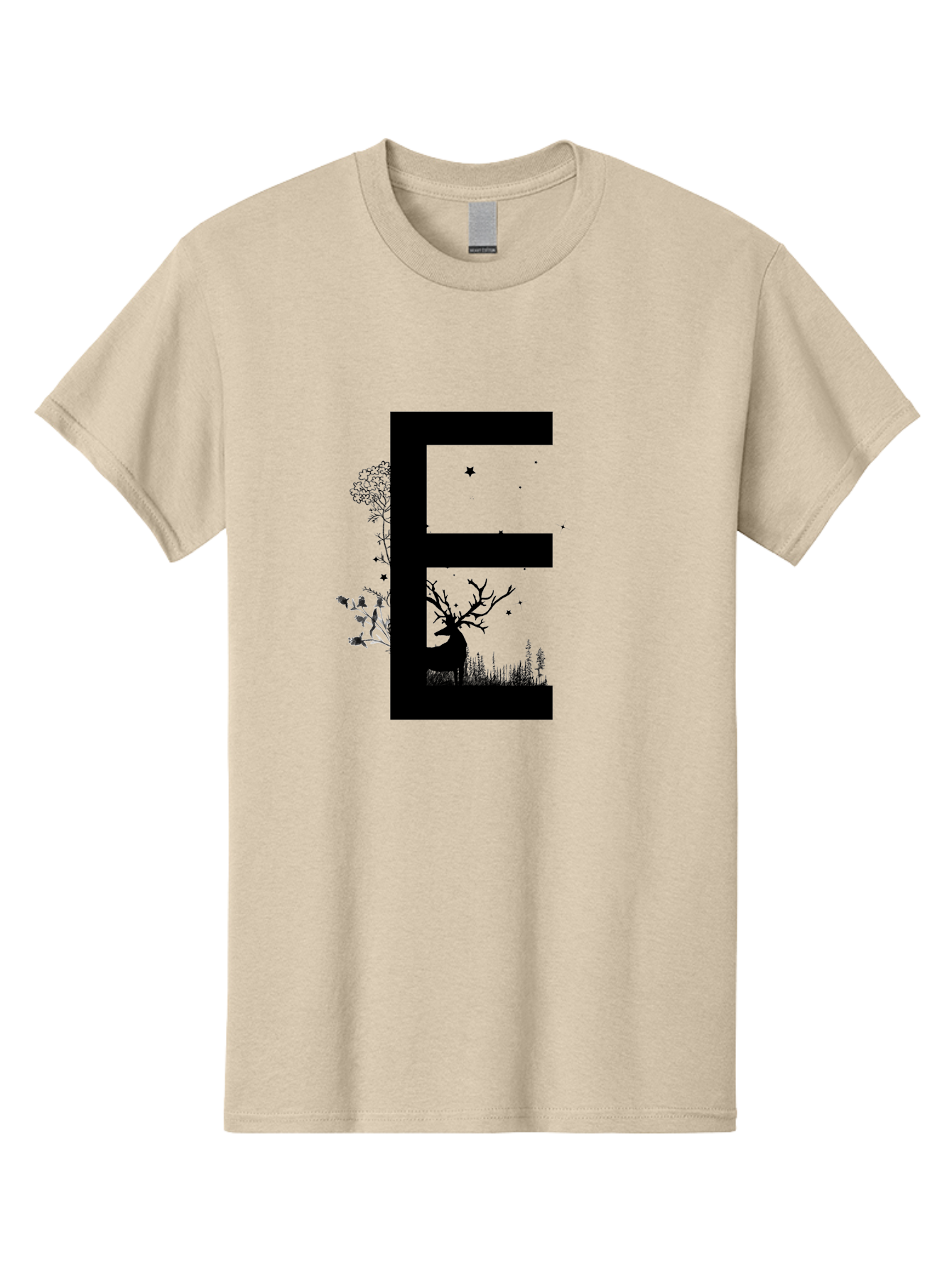 E Men'S Graphic Tee, 100% Cotton, Comfortable Casual Summer Wear, Machine Washable, Large Letter E, Tree Silhouettes, Floral Elements, Nature-Inspired Design, Creative Typography, Artistic Lettering, Botanical Art, Whimsical Style, Aac304