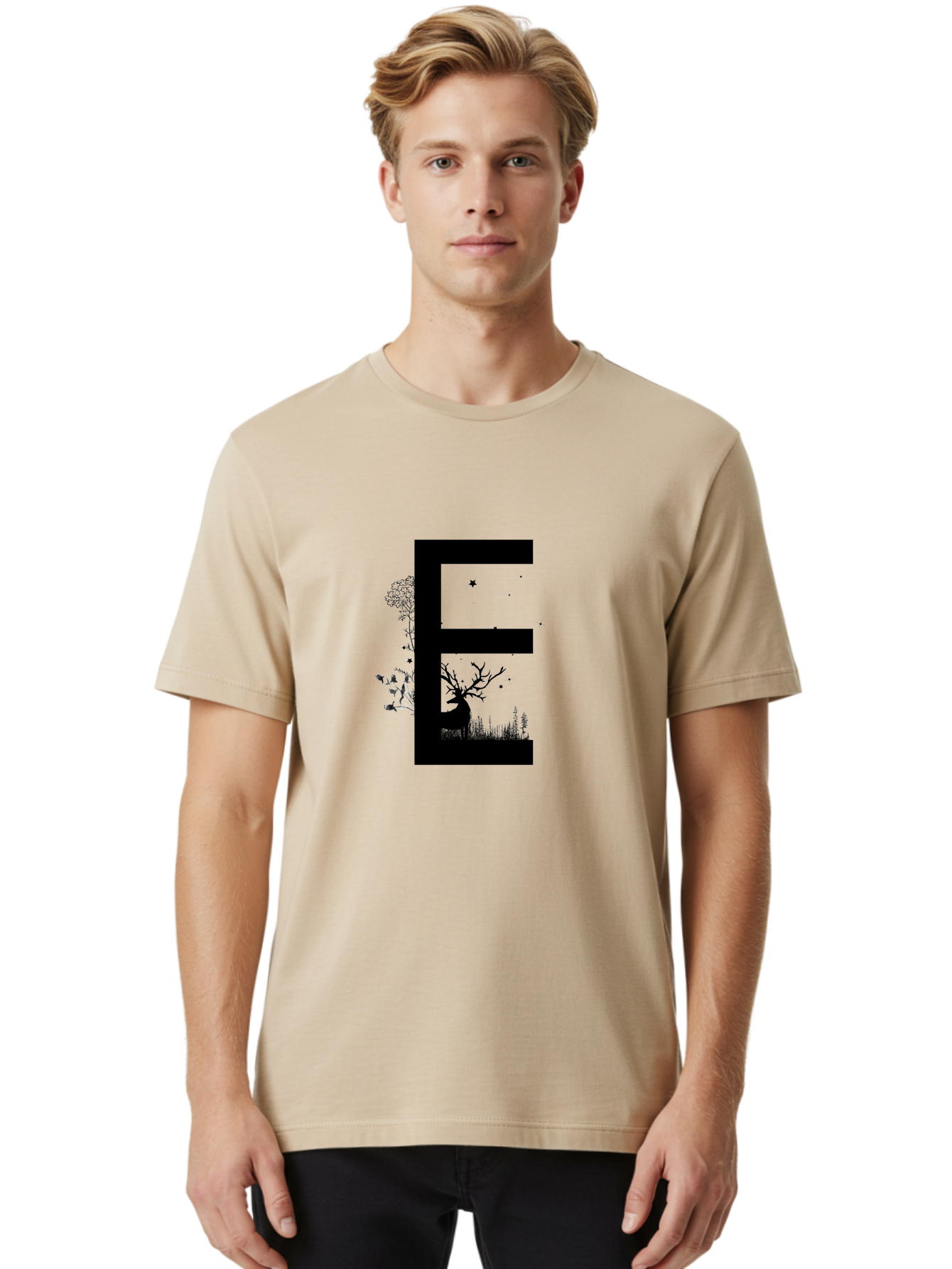 E Men'S Graphic Tee, 100% Cotton, Comfortable Casual Summer Wear, Machine Washable, Large Letter E, Tree Silhouettes, Floral Elements, Nature-Inspired Design, Creative Typography, Artistic Lettering, Botanical Art, Whimsical Style, Aac304