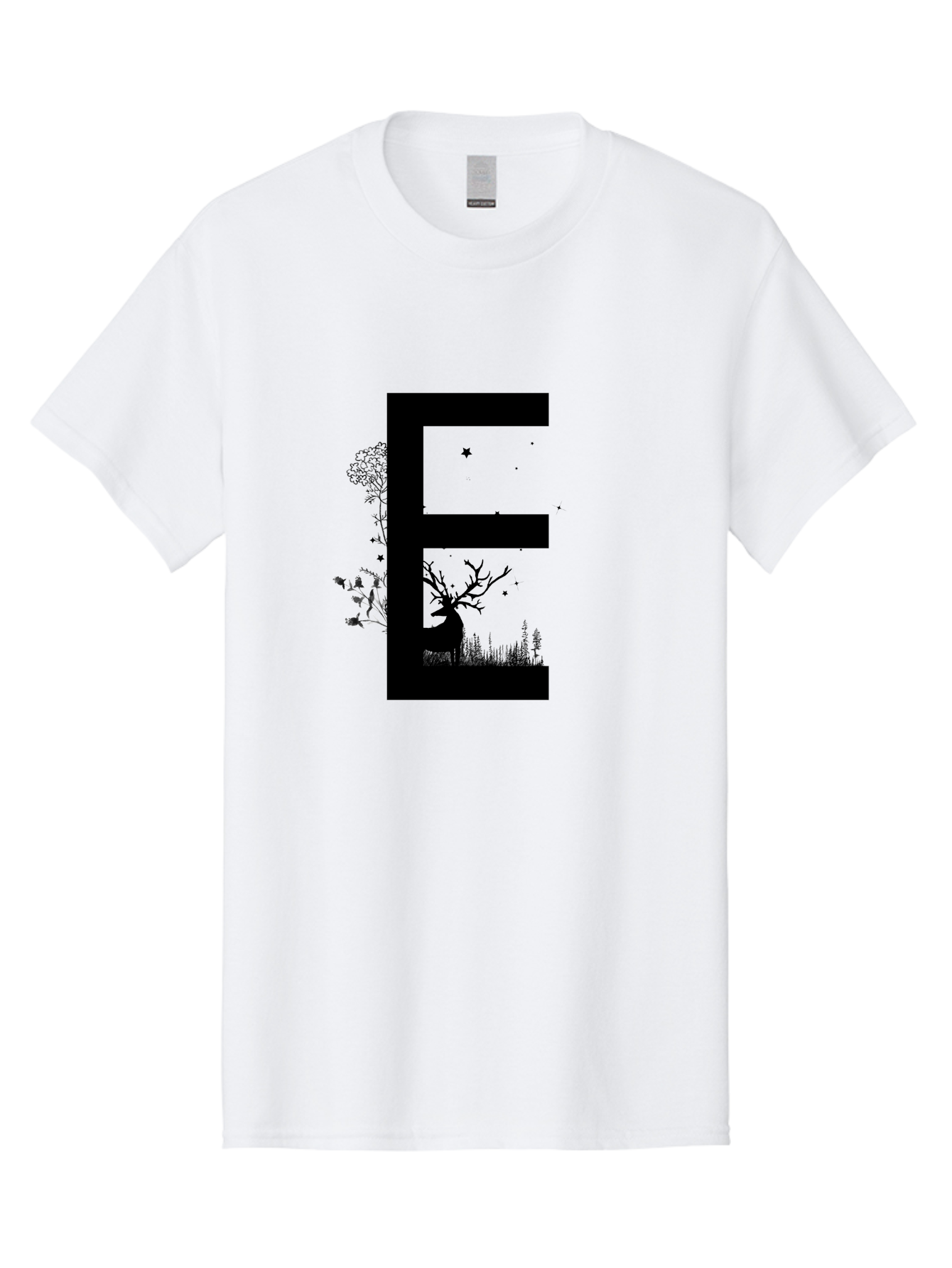 E Men'S Graphic Tee, 100% Cotton, Comfortable Casual Summer Wear, Machine Washable, Large Letter E, Tree Silhouettes, Floral Elements, Nature-Inspired Design, Creative Typography, Artistic Lettering, Botanical Art, Whimsical Style, Aac304