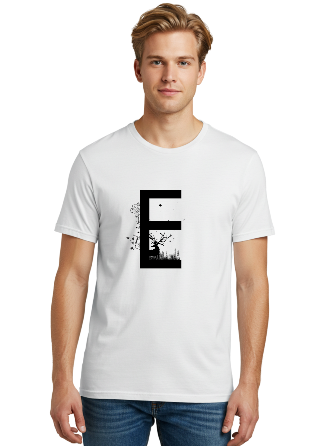 E Men'S Graphic Tee, 100% Cotton, Comfortable Casual Summer Wear, Machine Washable, Large Letter E, Tree Silhouettes, Floral Elements, Nature-Inspired Design, Creative Typography, Artistic Lettering, Botanical Art, Whimsical Style, Aac304